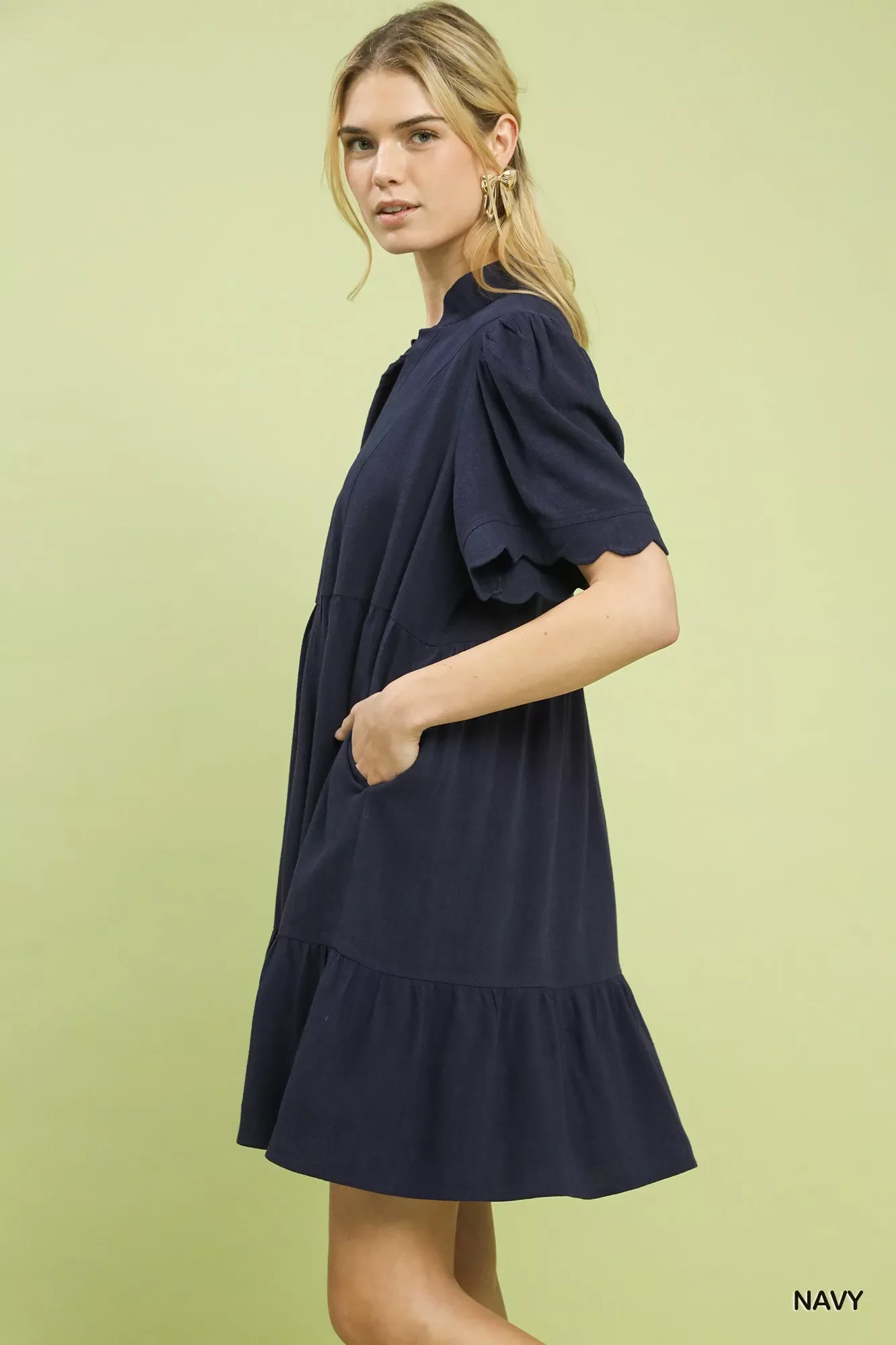 Umgee Linen Tiered Babydoll Dress with Scalloped Sleeves - Image 2