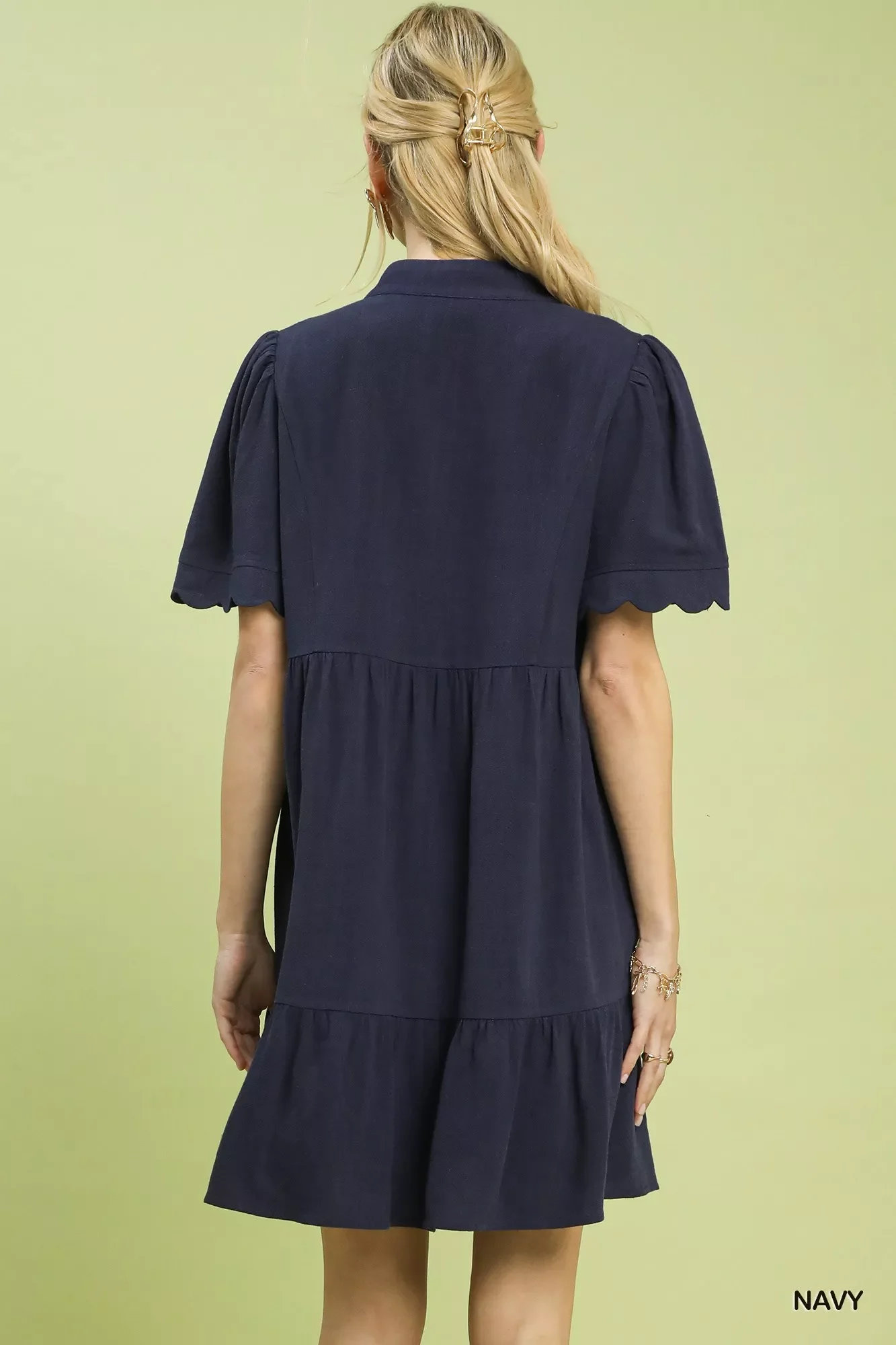 Umgee Linen Tiered Babydoll Dress with Scalloped Sleeves - Image 3