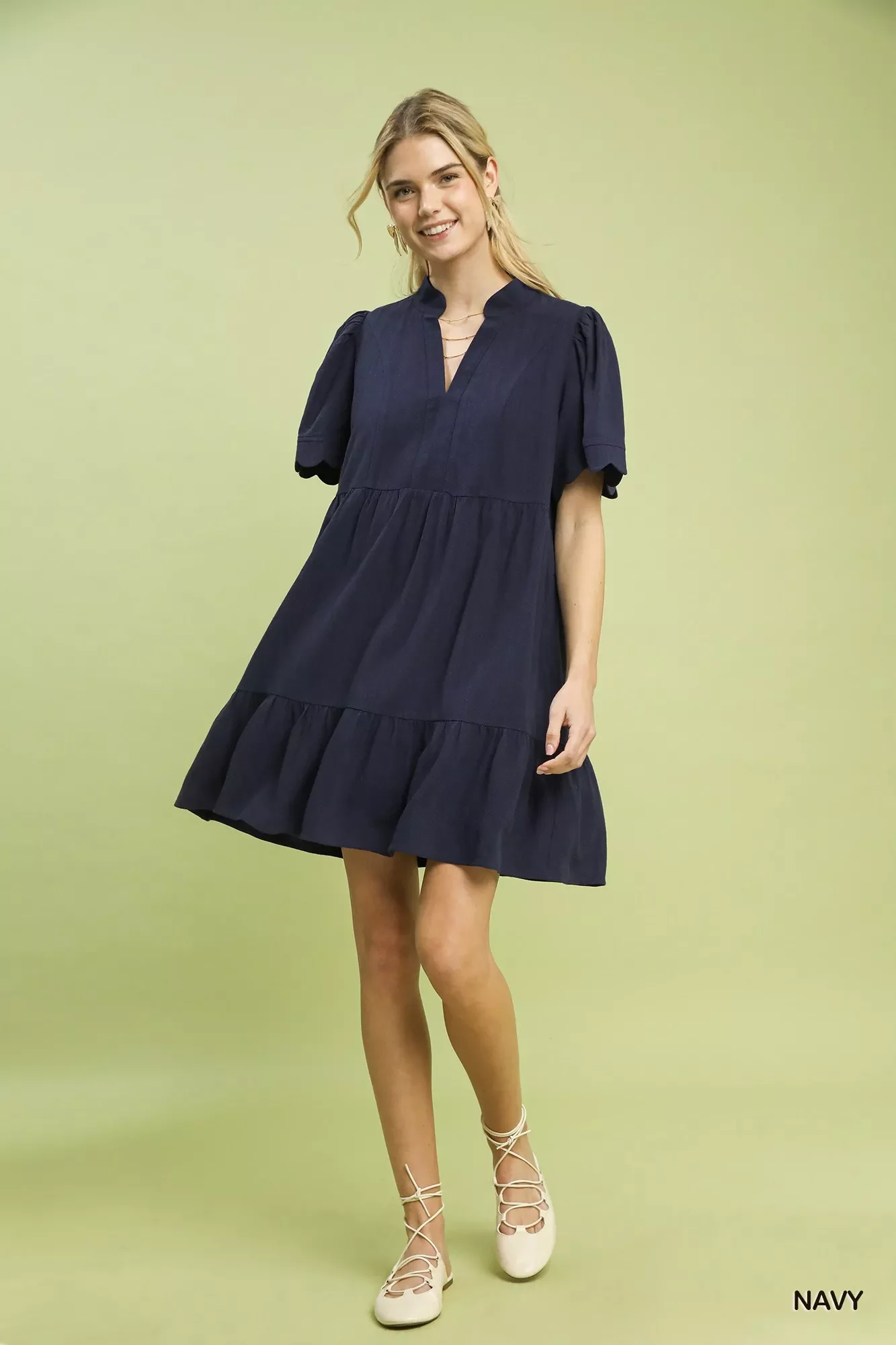Umgee Linen Tiered Babydoll Dress with Scalloped Sleeves - Image 5