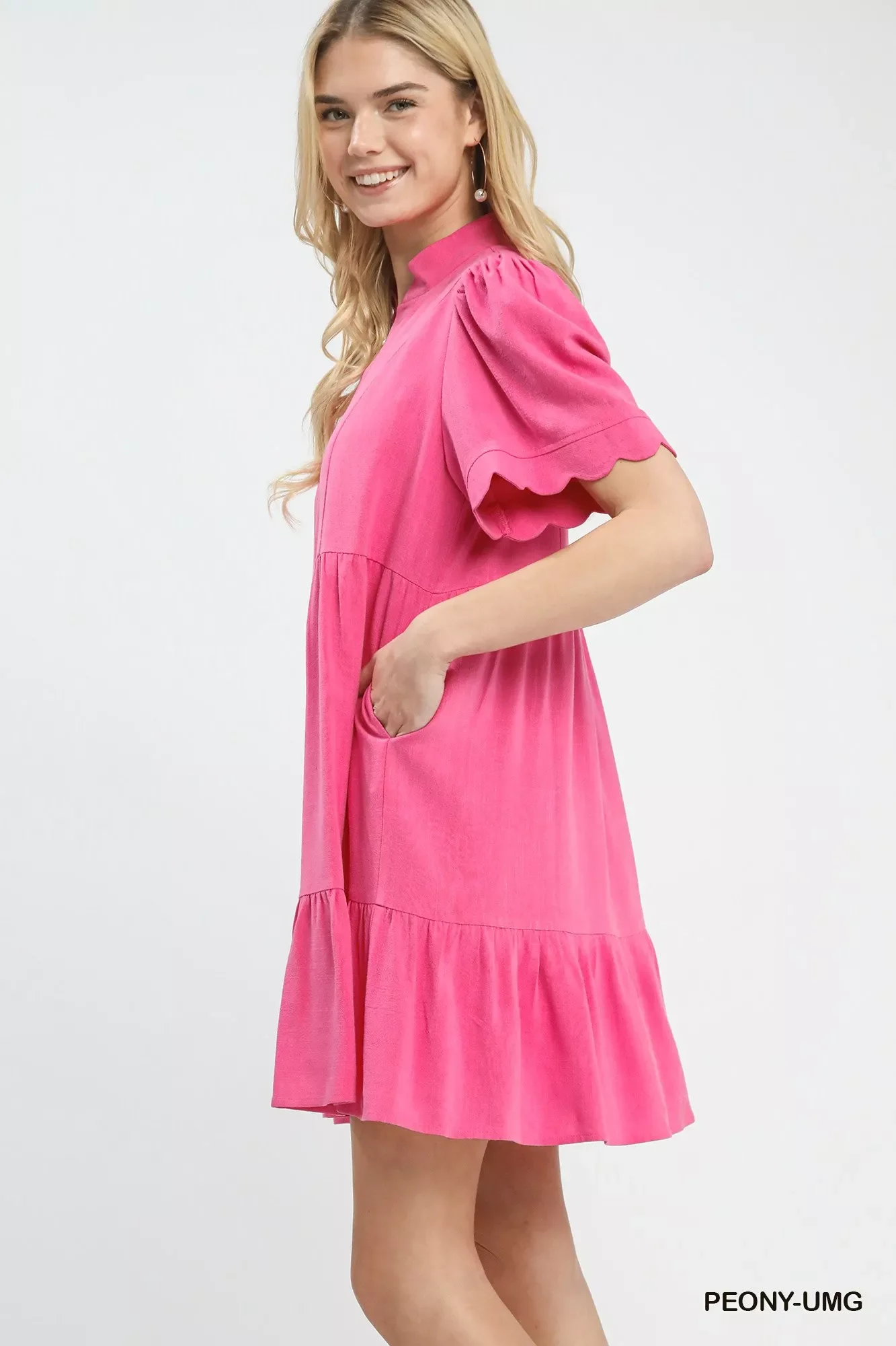 Umgee Linen Tiered Babydoll Dress with Scalloped Sleeves - Image 2