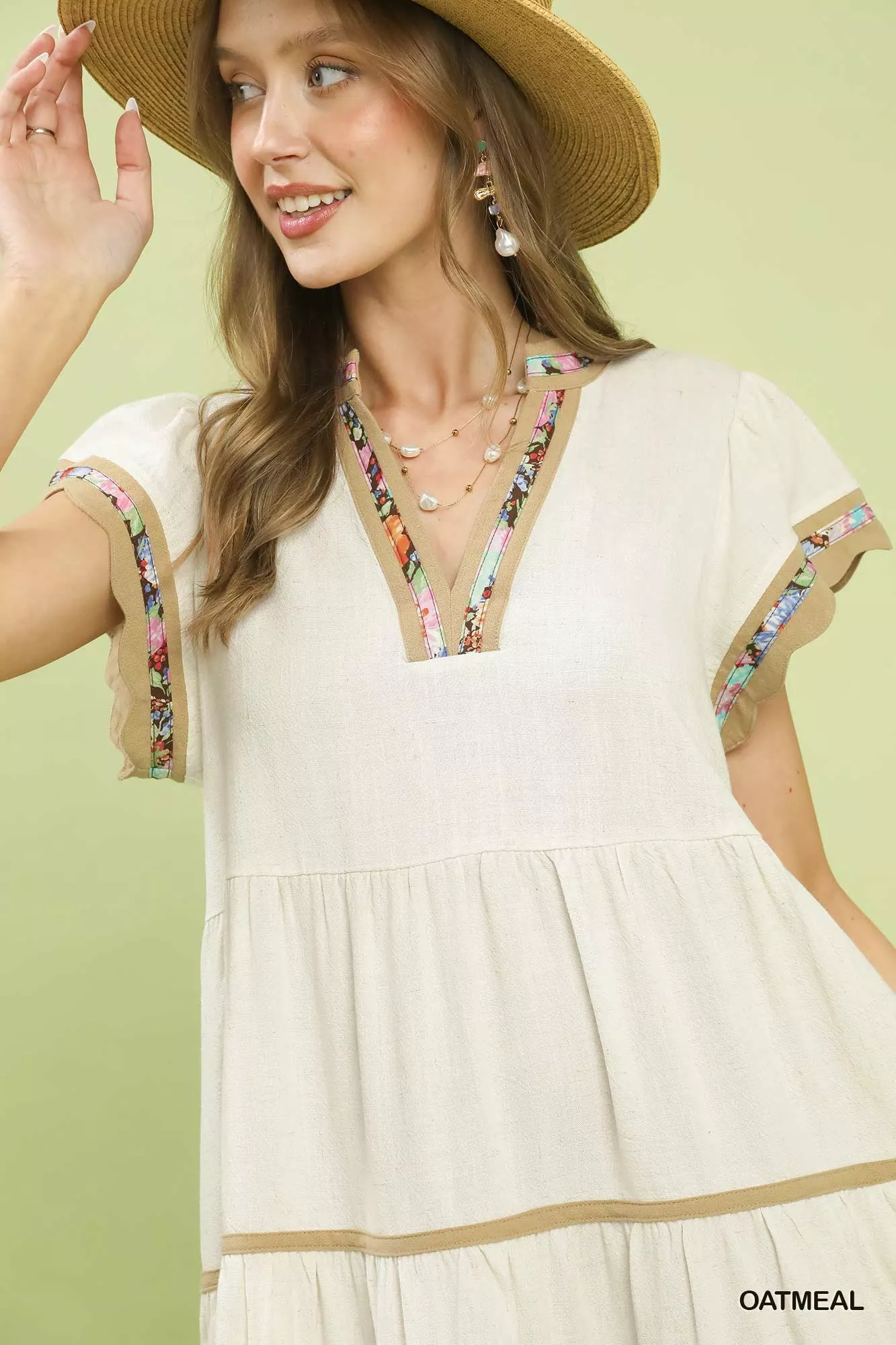 Umgee Linen Tiered Flutter Sleeve Dress with Floral Trim - Image 4