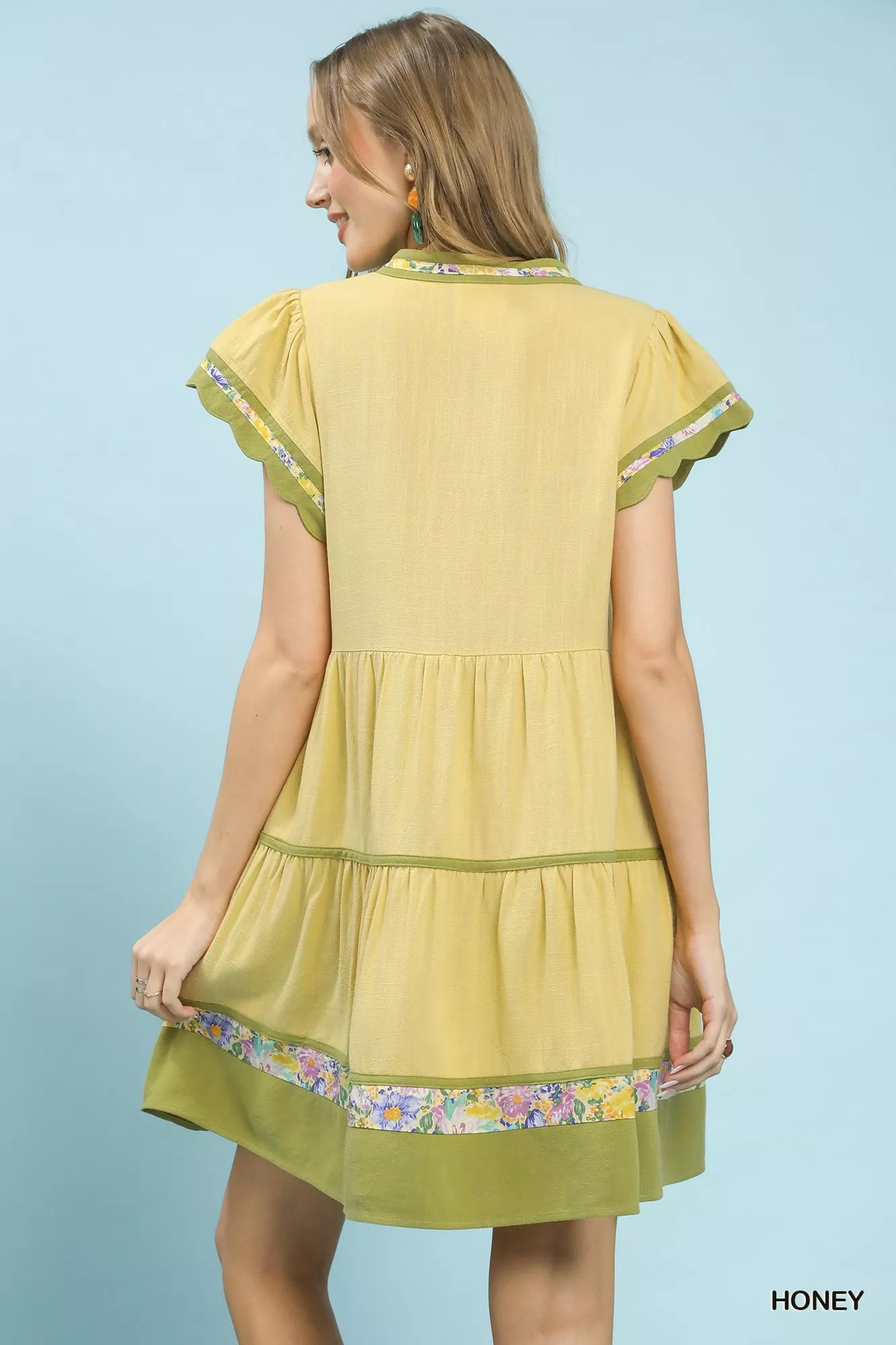 Umgee Linen Tiered Flutter Sleeve Dress with Floral Trim - Image 4