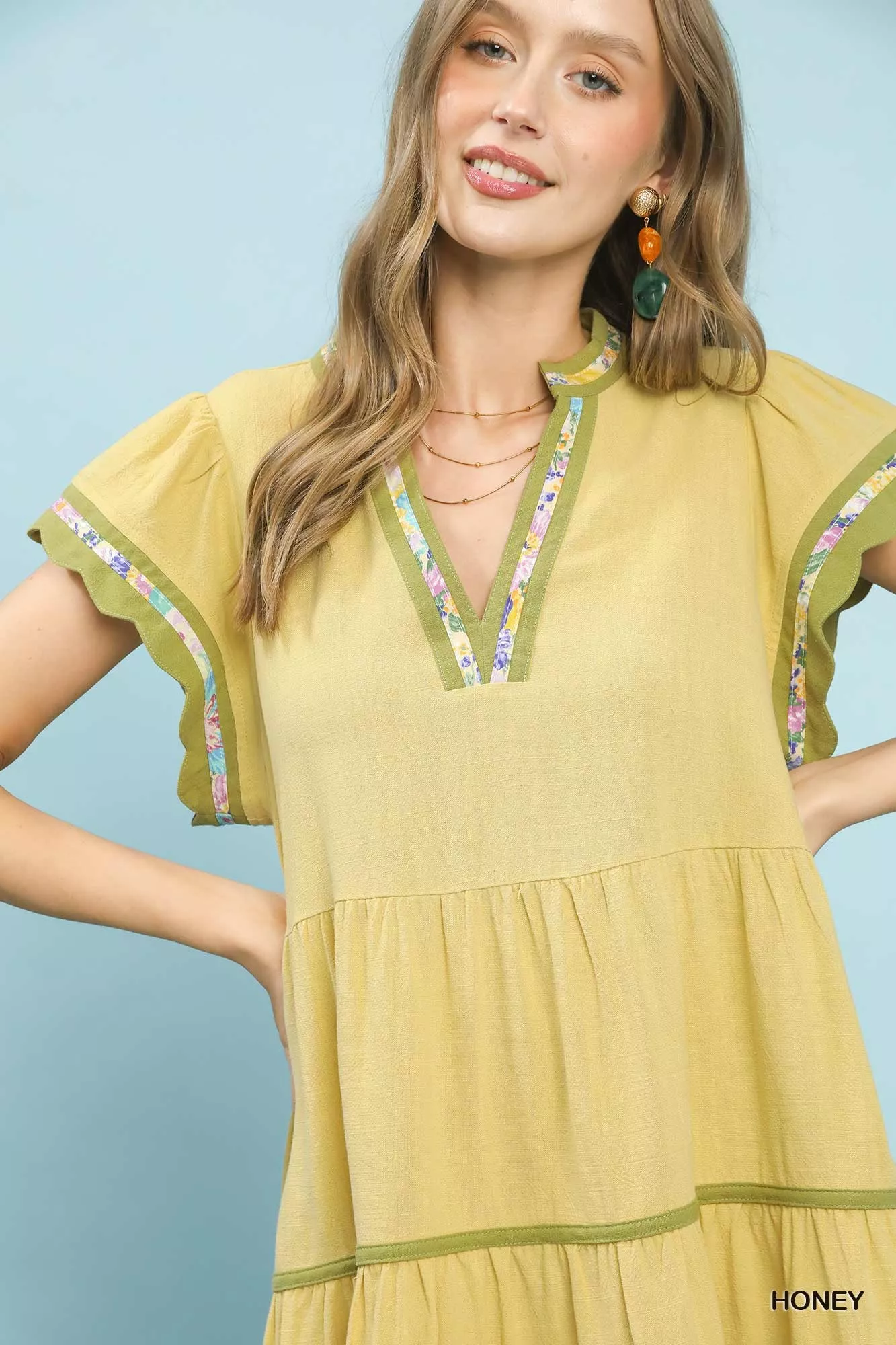 Umgee Linen Tiered Flutter Sleeve Dress with Floral Trim - Image 5