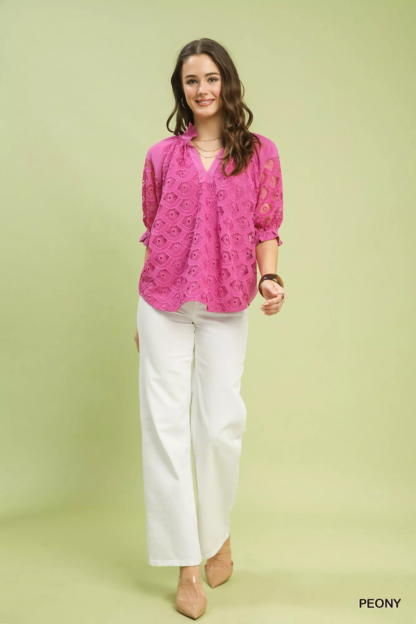Umgee Linen V-Neck Lace Puff Sleeve Top - Image 4