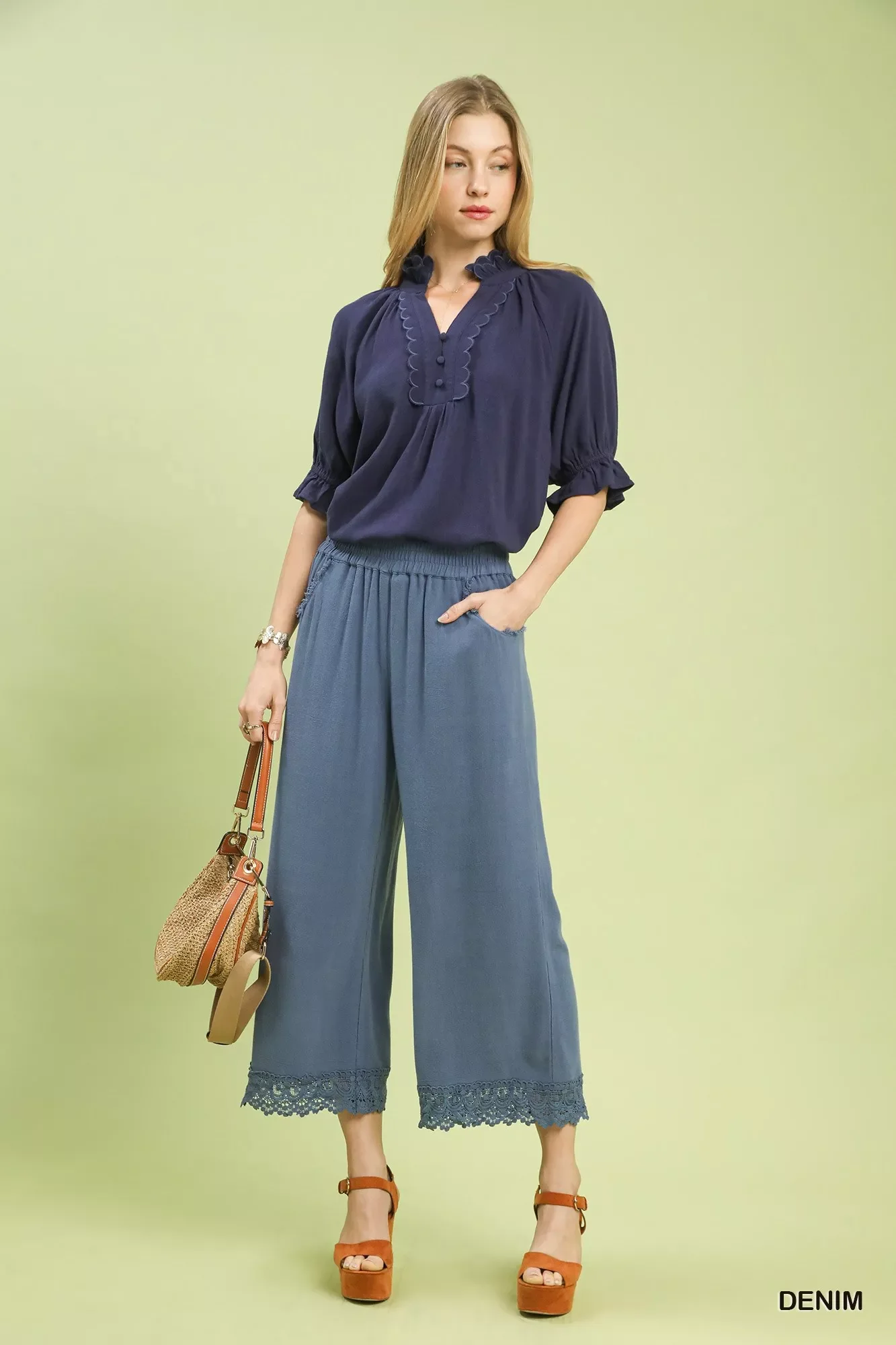 Umgee Linen Wide Leg Cropped Pants with Lace Trim - Image 2