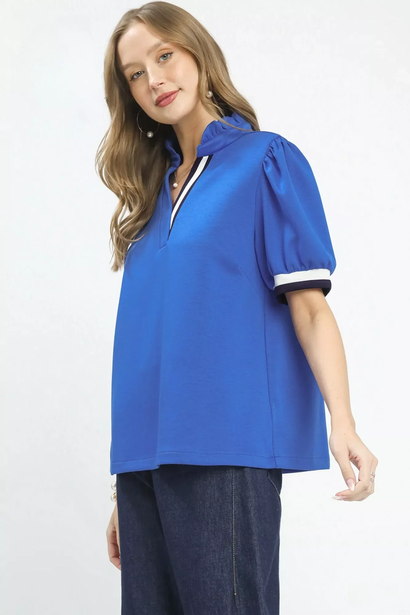 Umgee Luxe knit Contrast Trim Puff Sleeve Top - Image 2
