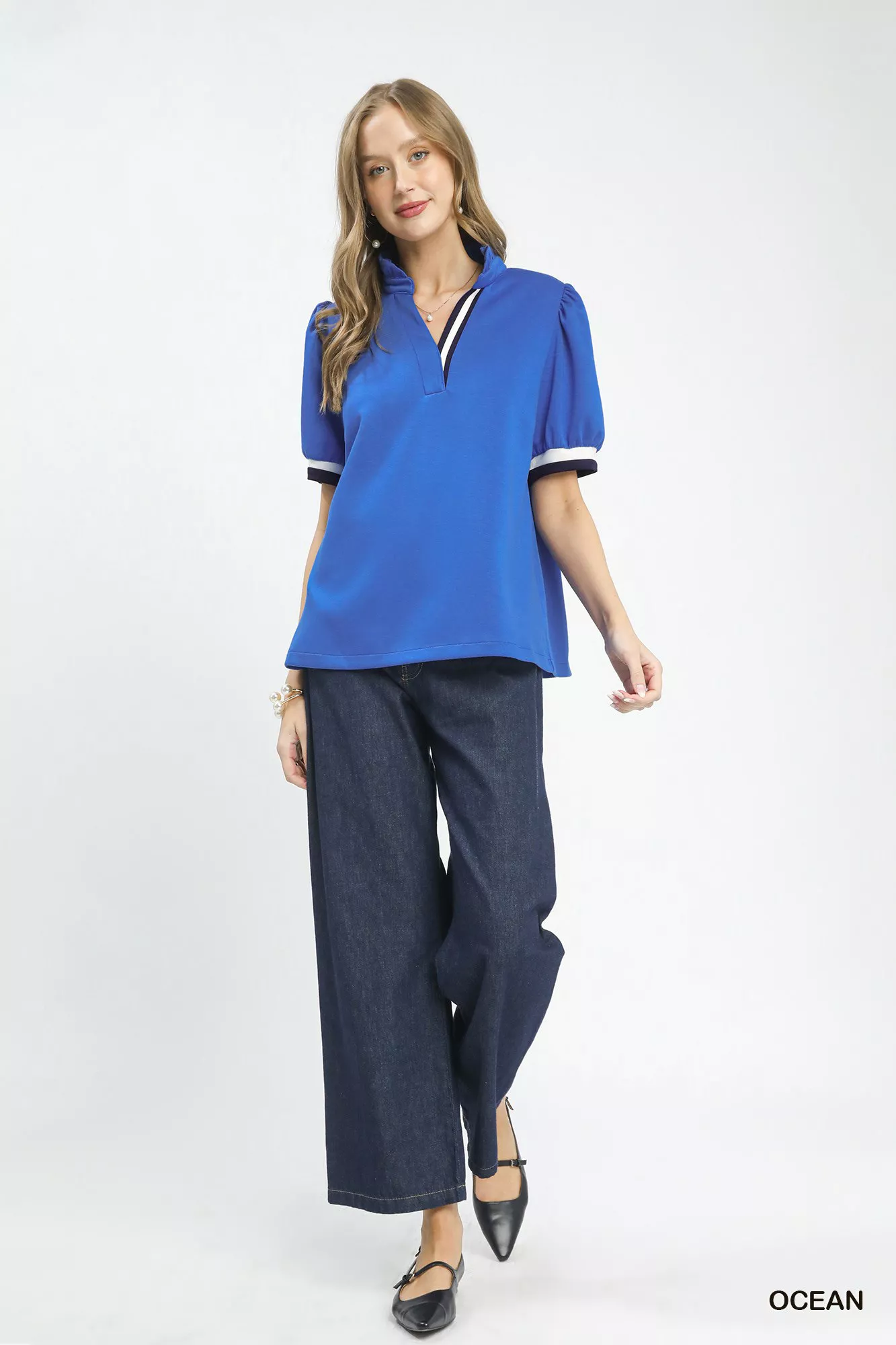Umgee Luxe knit Contrast Trim Puff Sleeve Top - Image 4