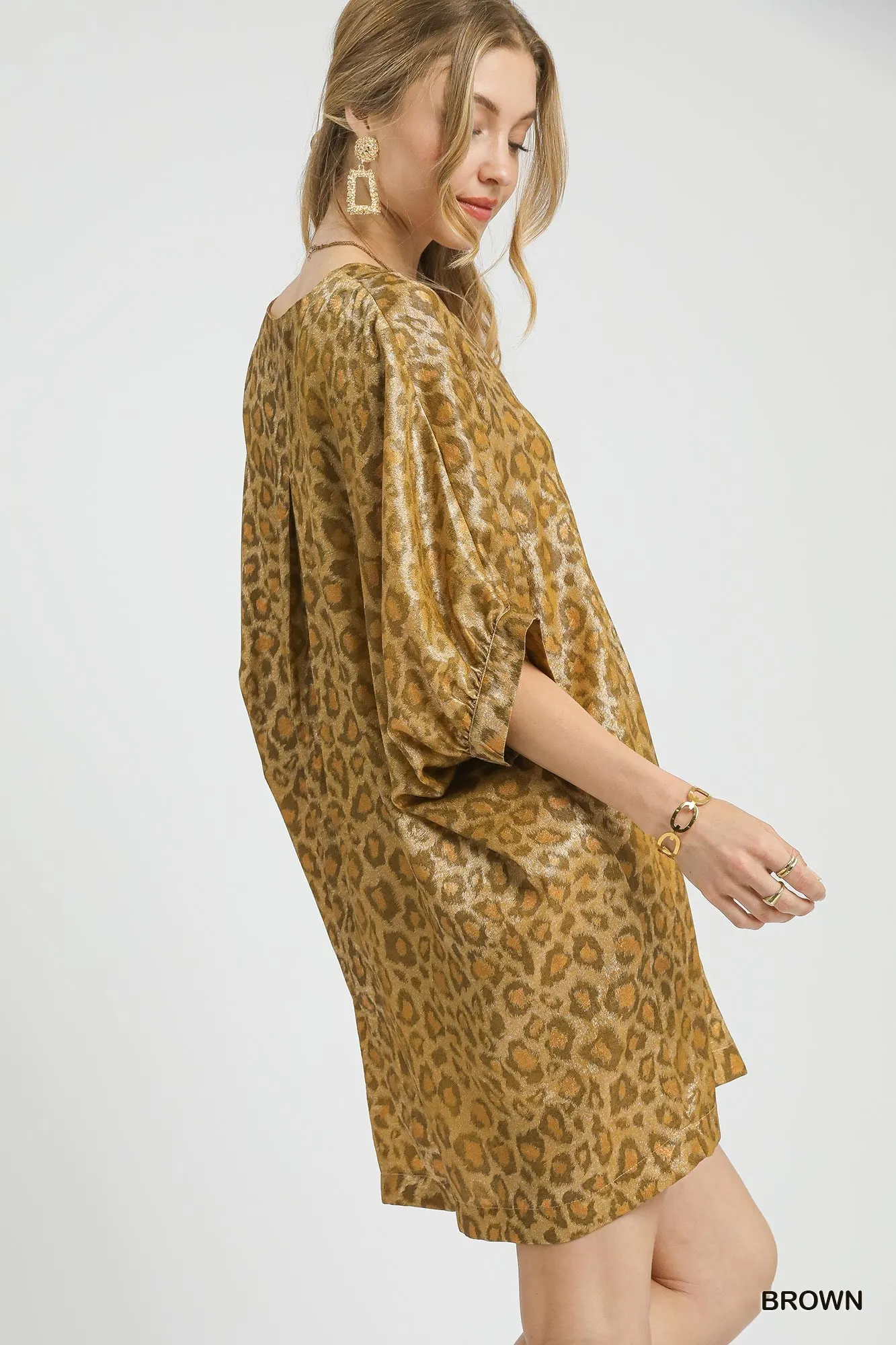 Umgee Metallic Leopard Print V-Neck Kimono Dress - Image 2