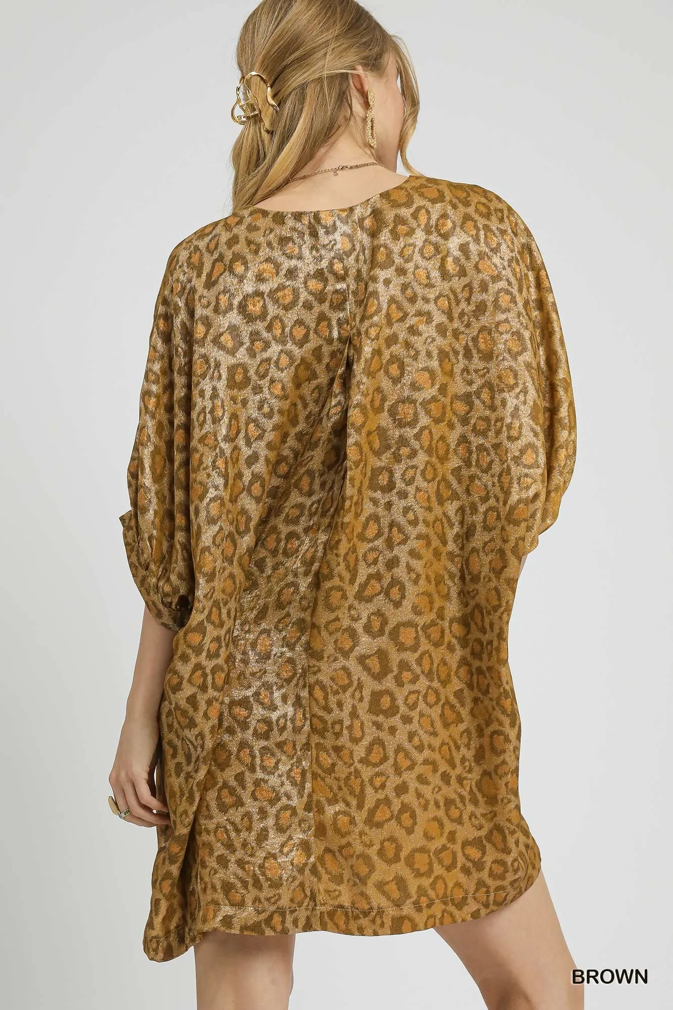 Umgee Metallic Leopard Print V-Neck Kimono Dress - Image 3