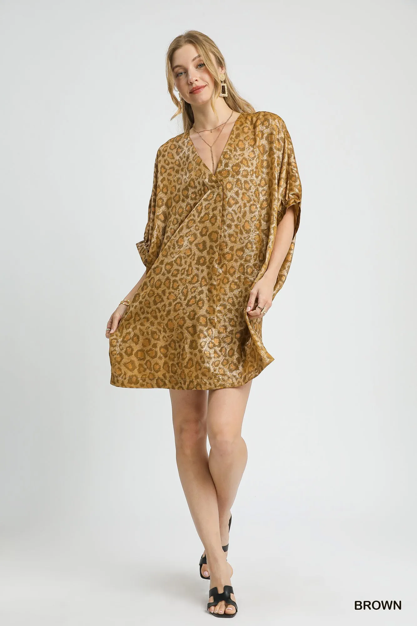 Umgee Metallic Leopard Print V-Neck Kimono Dress - Image 5