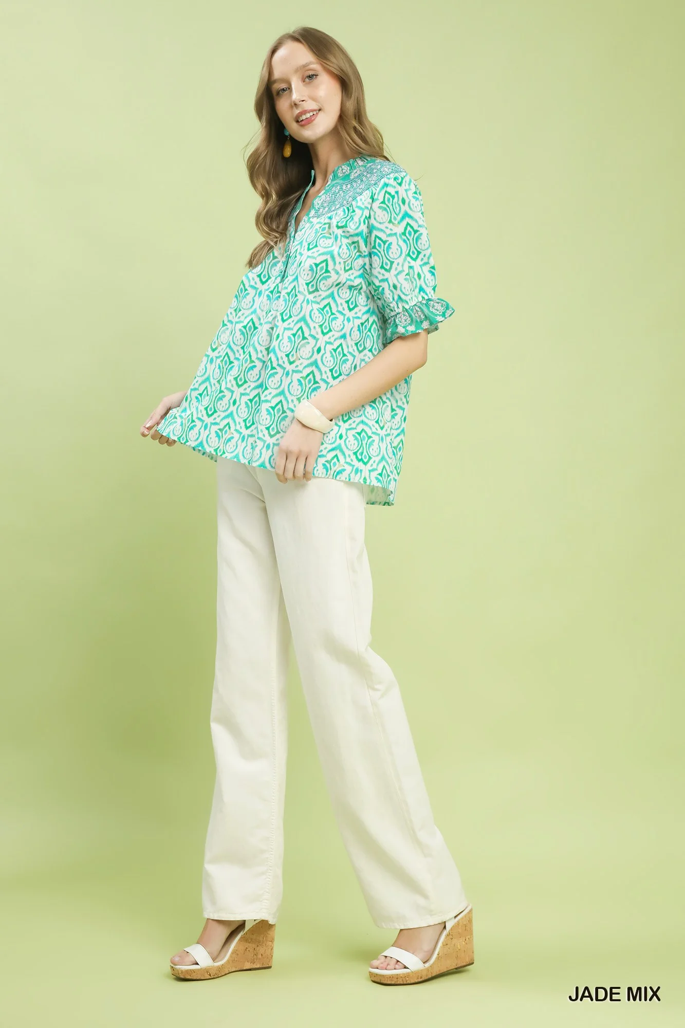 Umgee Mix Boho Puff Sleeve Smocked Top - Image 2