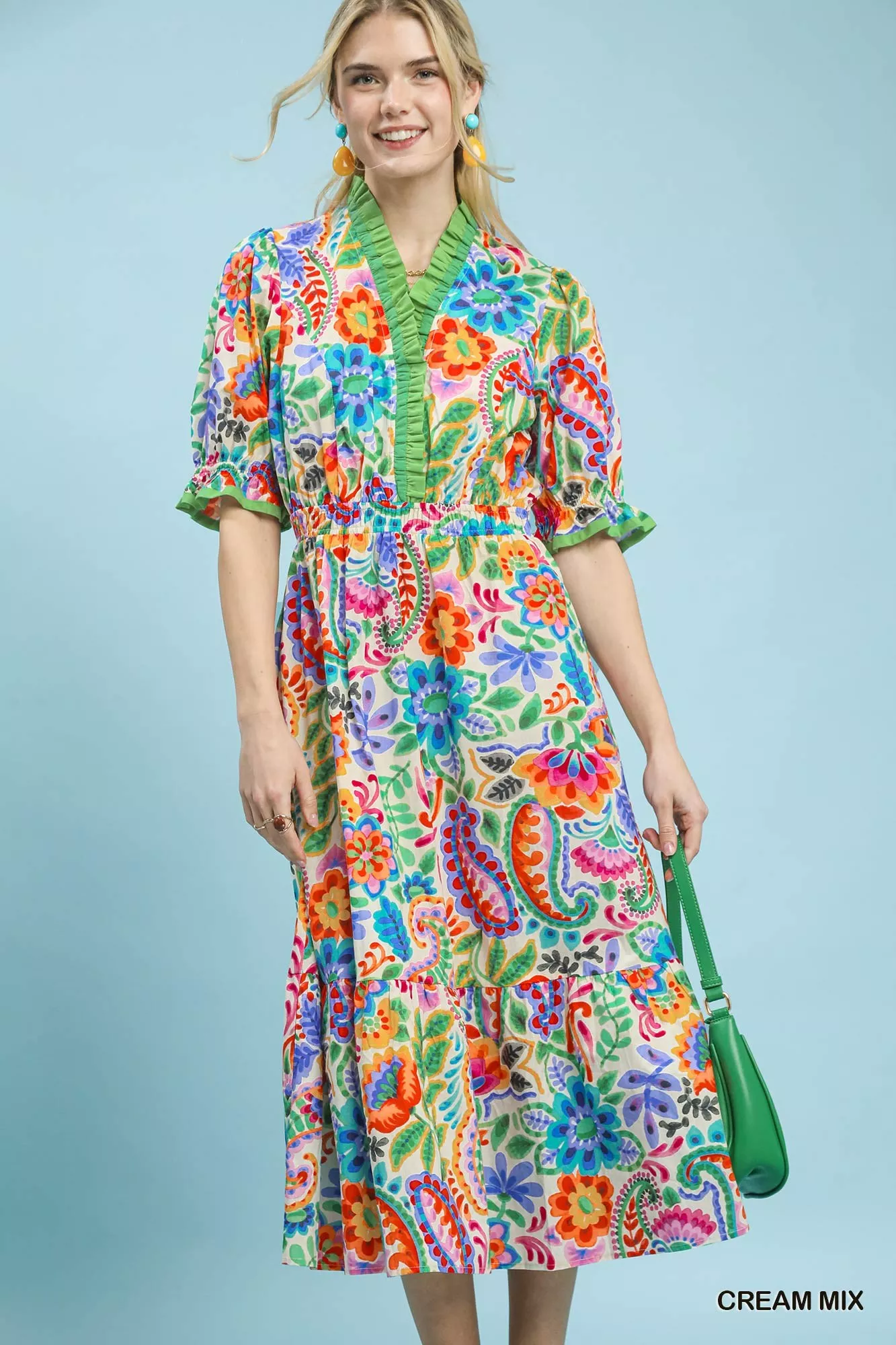 Umgee Mix Floral Midi Dress with Ruffle Trim