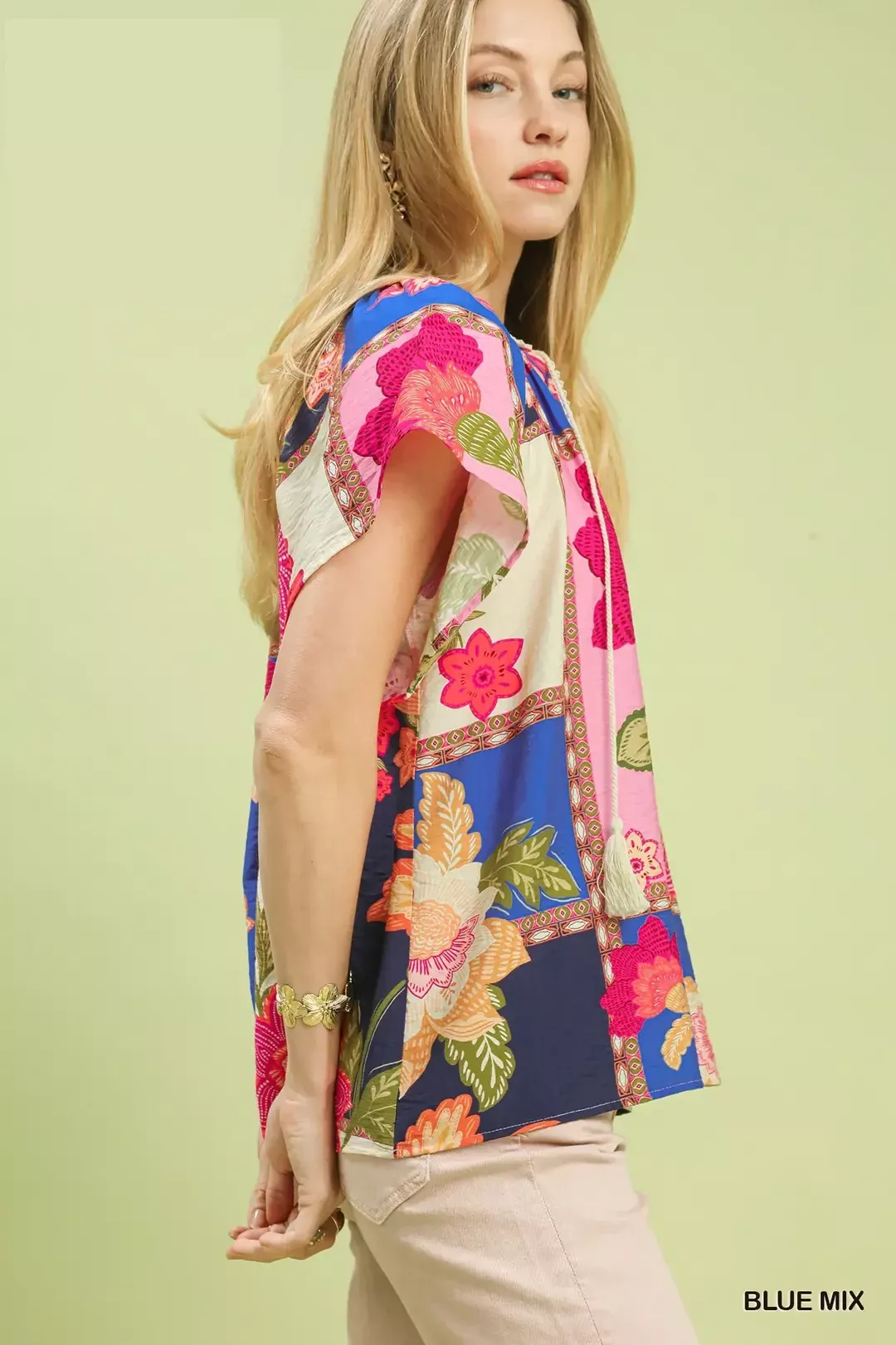 Umgee Mix Floral Patchwork Tassel Tie Top - Image 2