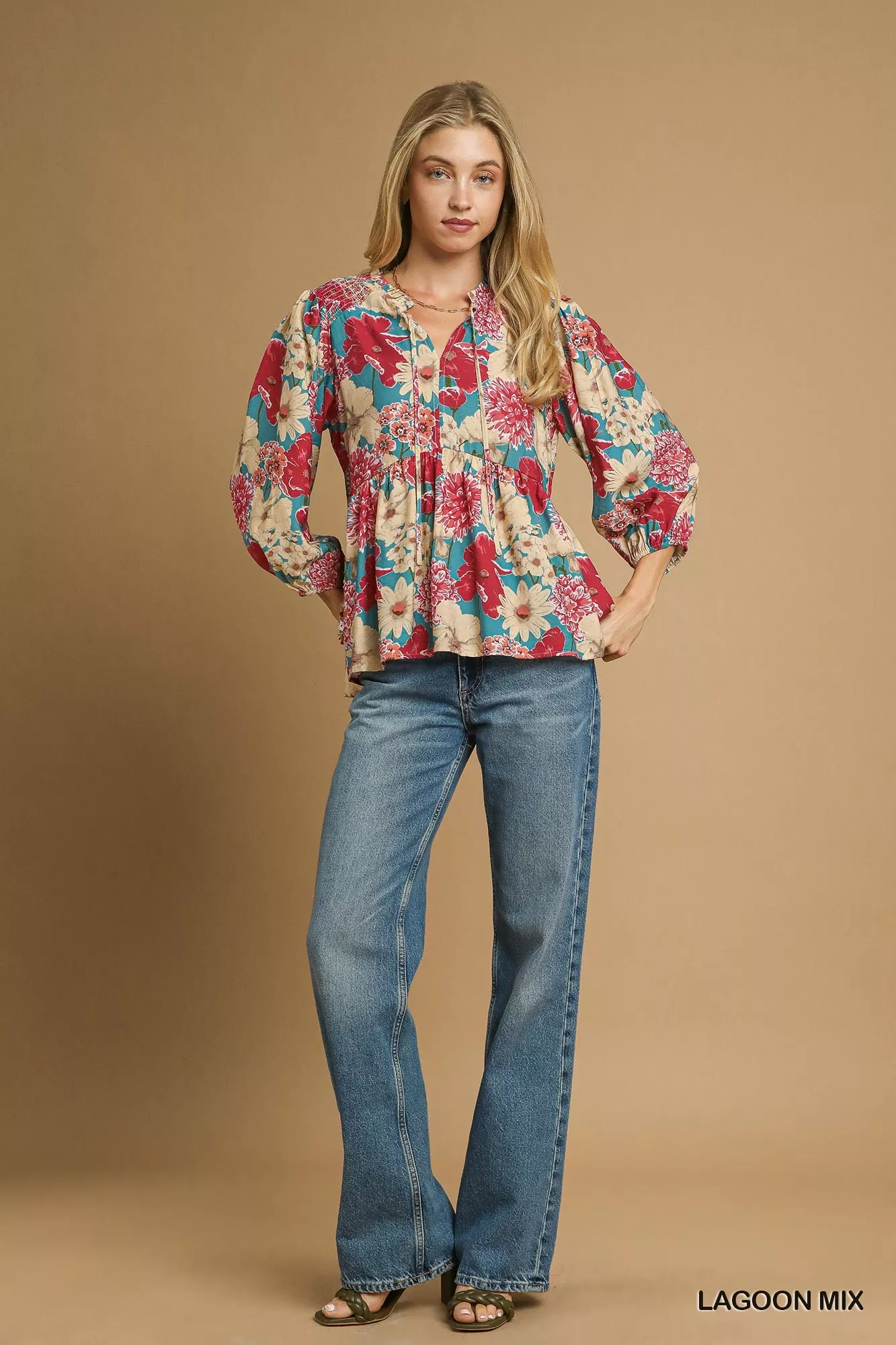 Umgee Mix Floral Peplum Blouse with Tie Neck - Image 4