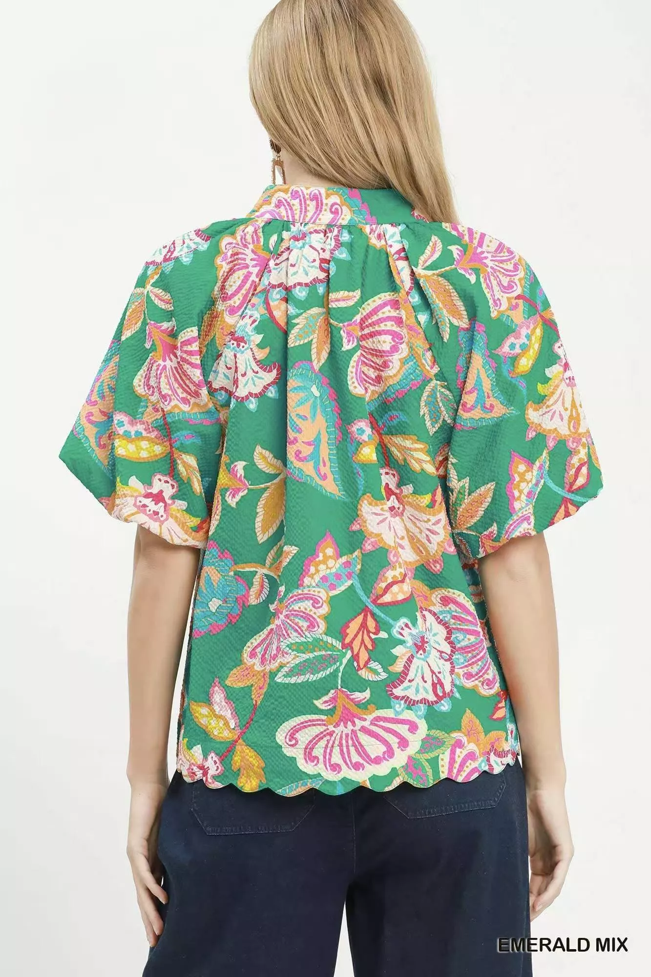 Umgee Mix Floral Print Scallop Hem Blouse - Image 3