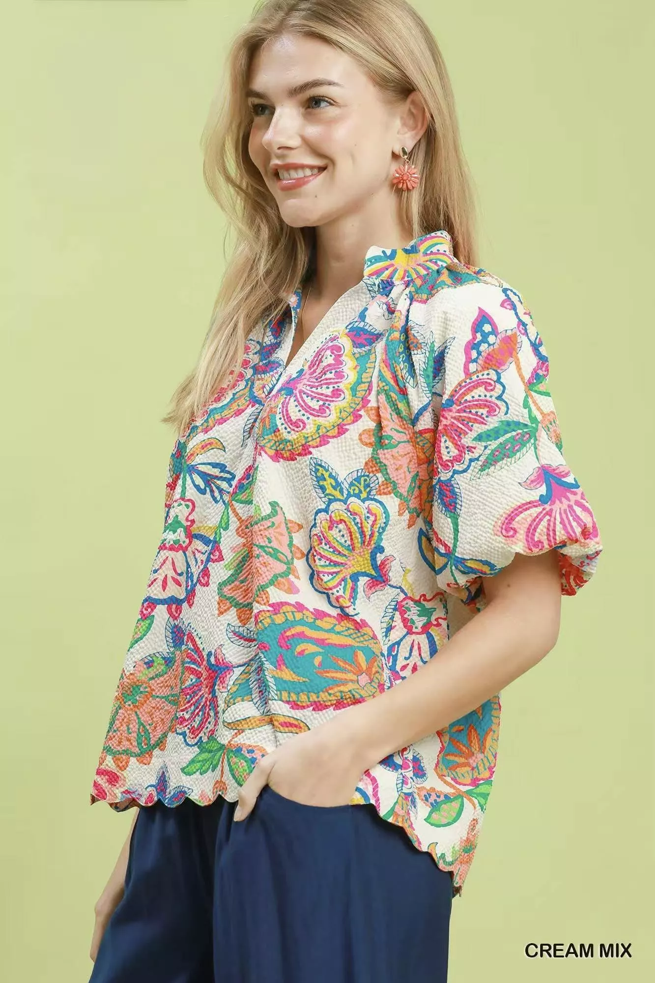 Umgee Mix Floral Print Scallop Hem Blouse - Image 2
