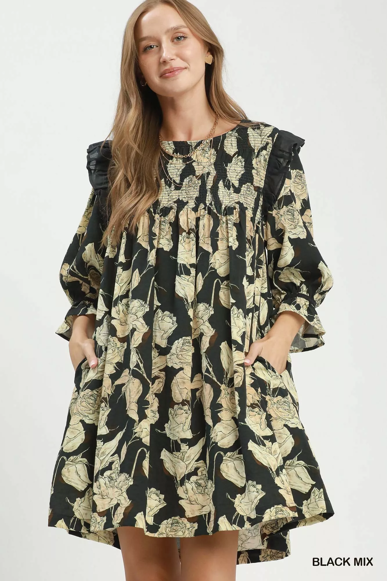 Umgee Mix Floral Print Smocked Ruffle Detail Flowy Dress