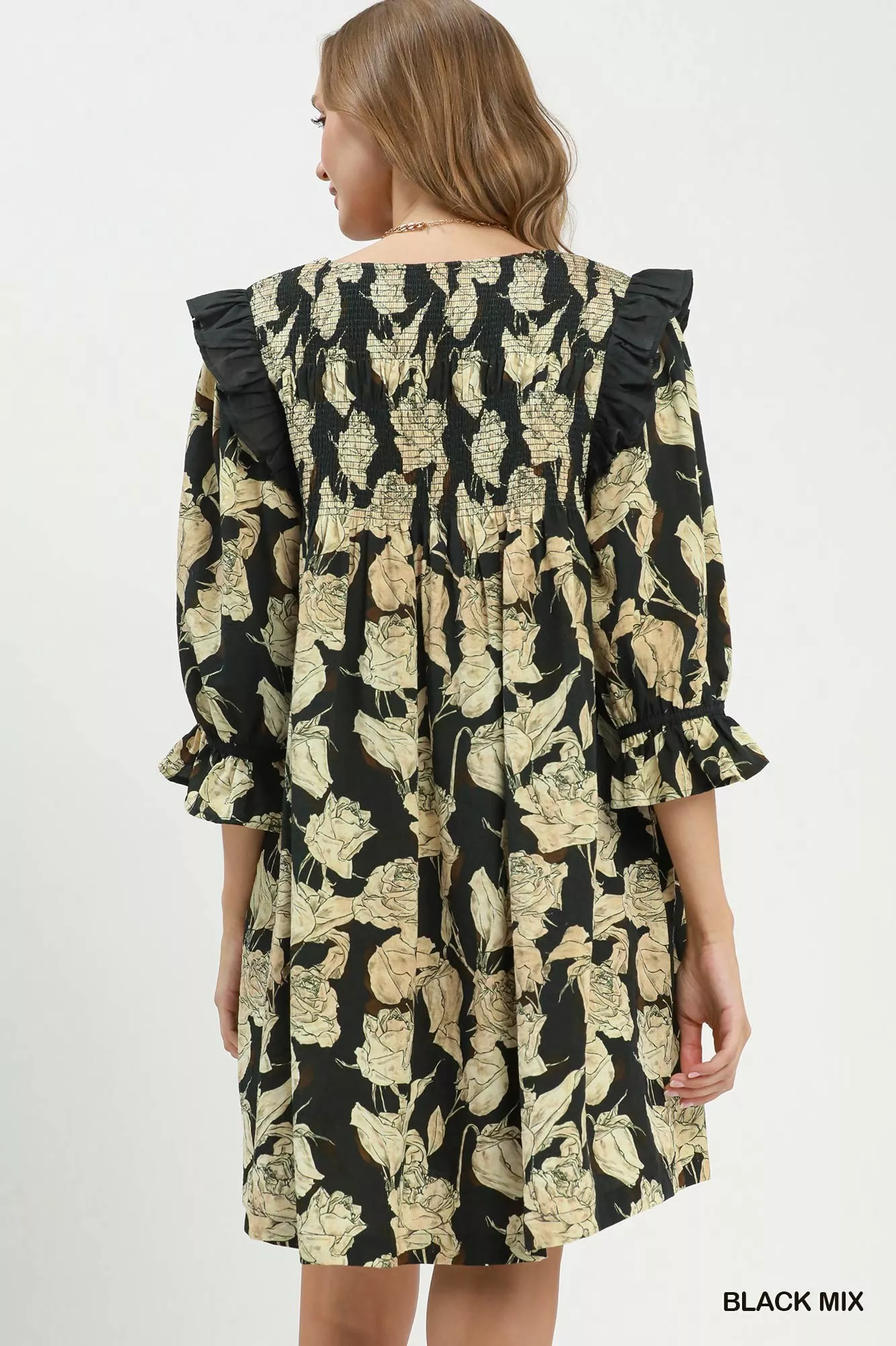 Umgee Mix Floral Print Smocked Ruffle Detail Flowy Dress - Image 3