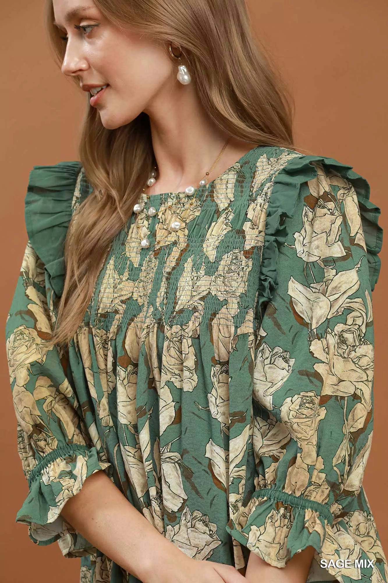 Umgee Mix Floral Print Smocked Ruffle Detail Flowy Dress - Image 5