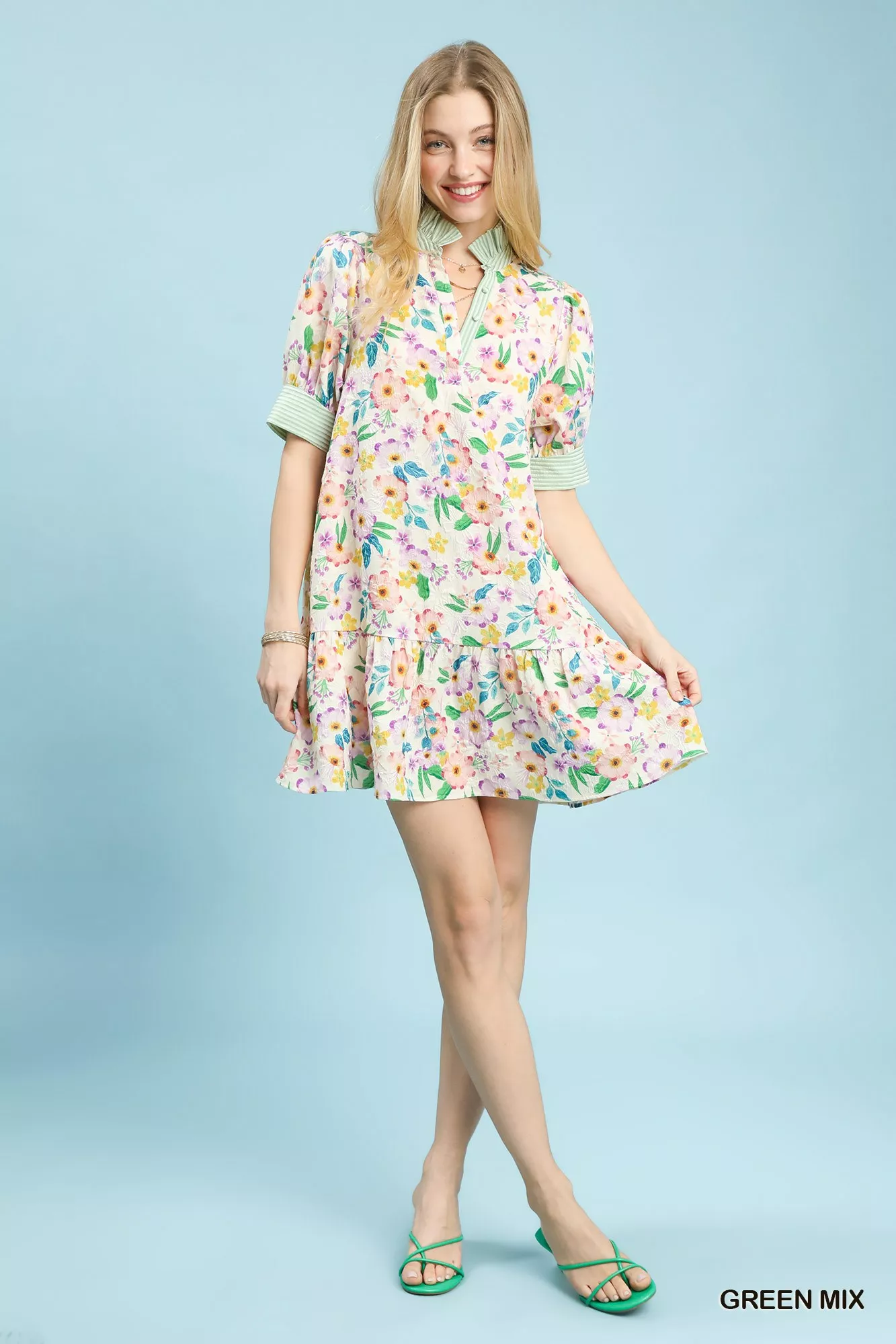 Umgee Mix Floral Ruffle Collar Tiered Babydoll Dress - Image 4