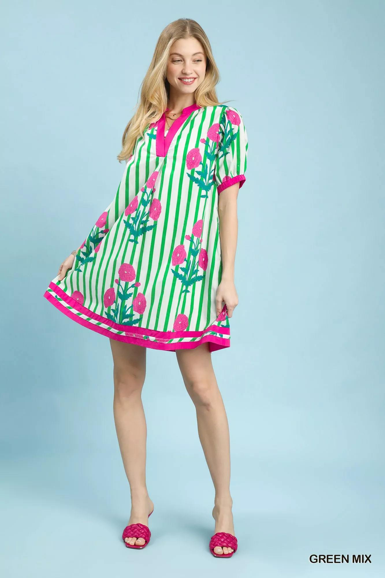 Umgee Mix Floral Stripe Contrast Dress