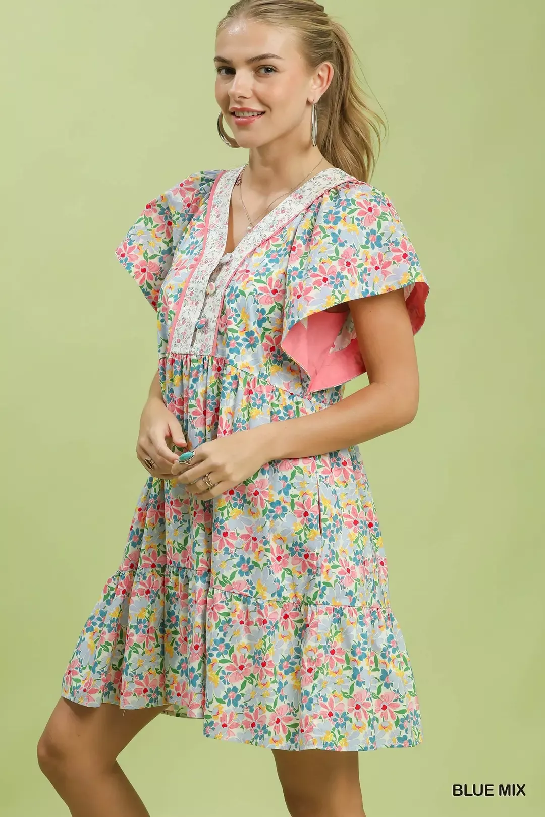 Umgee Mix Floral Tiered Mini Dress with Side Pockets - Image 2