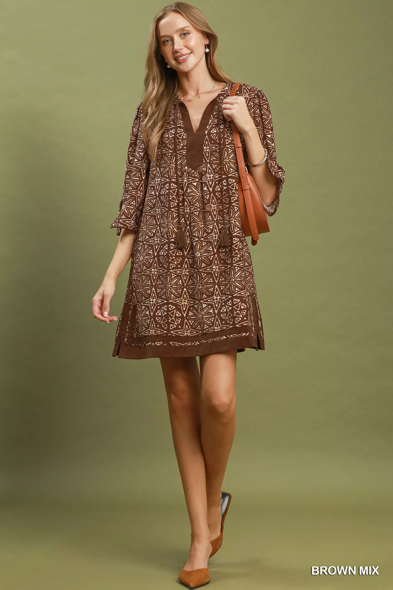 Umgee Mix Geometric Print V-Neck Tassel Detail Tunic Dress - Image 5