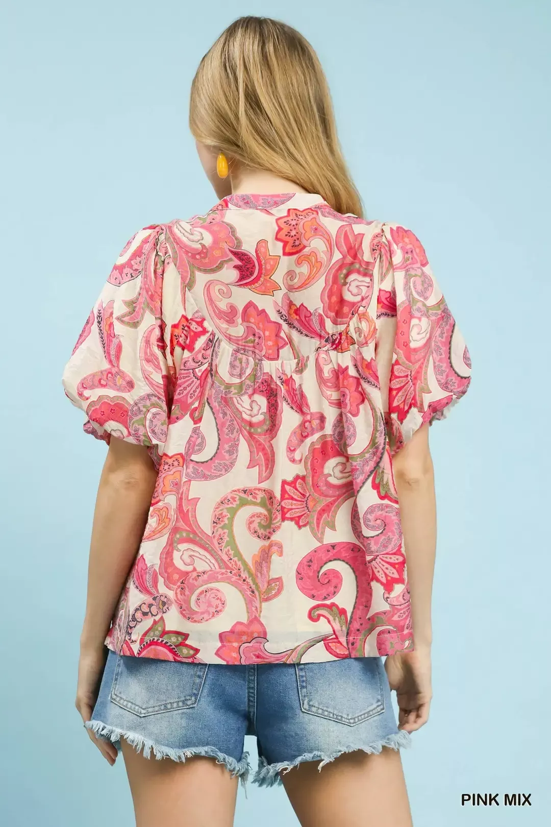 Umgee Mix Paisley Print Peasant Top with Tie Neck - Image 3