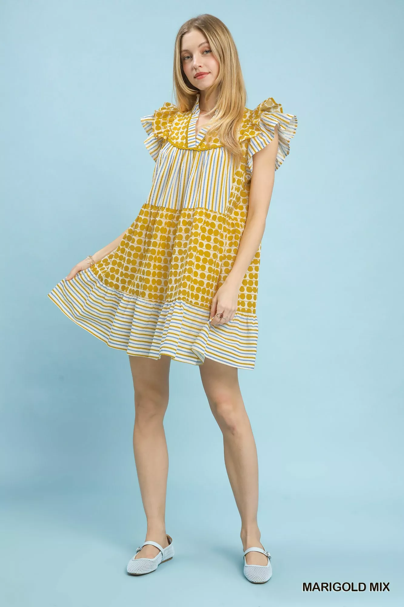 Umgee Mix Patchwork Flutter Sleeve Tiered Dress - Image 6