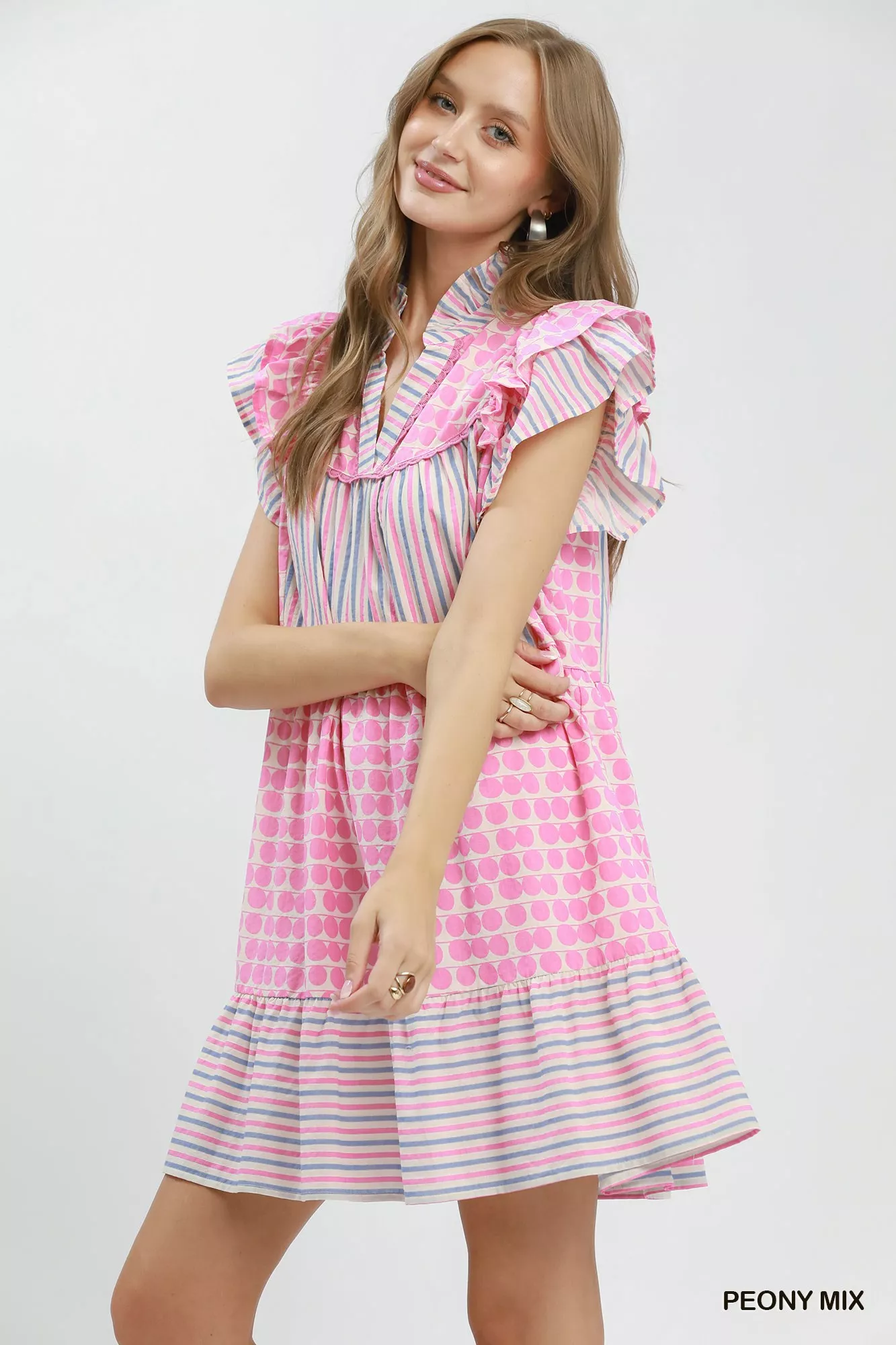 Umgee Mix Patchwork Flutter Sleeve Tiered Dress - Image 2