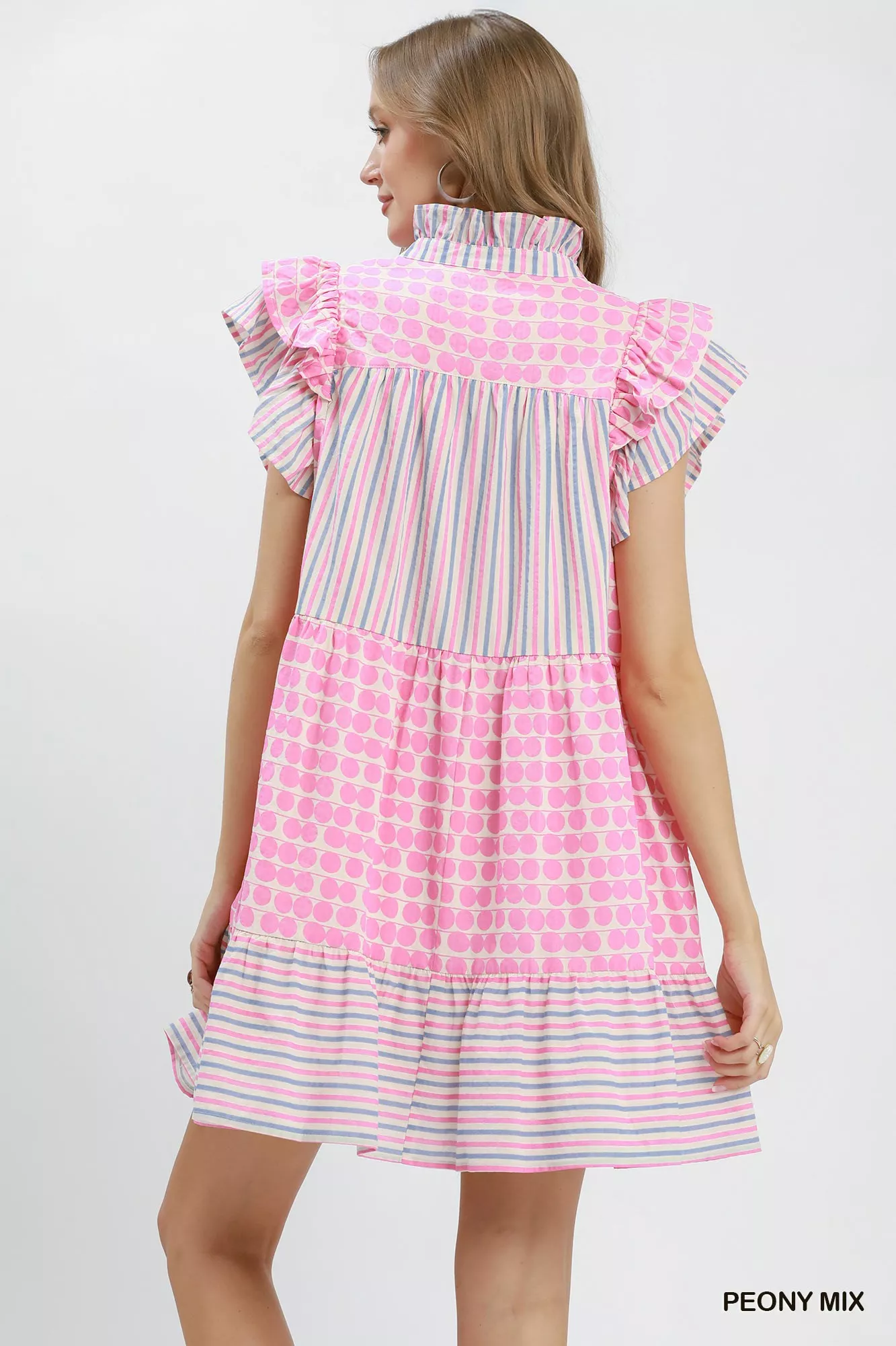 Umgee Mix Patchwork Flutter Sleeve Tiered Dress - Image 3