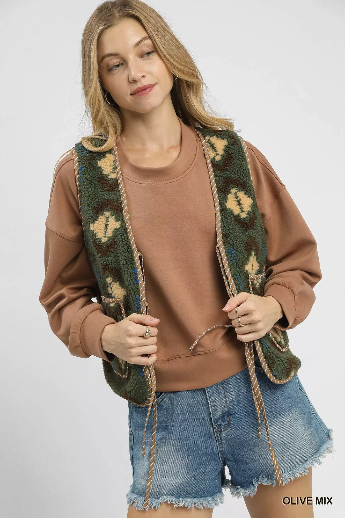 Umgee Mix Patterned Sherpa Tie-Front Vest - Image 2