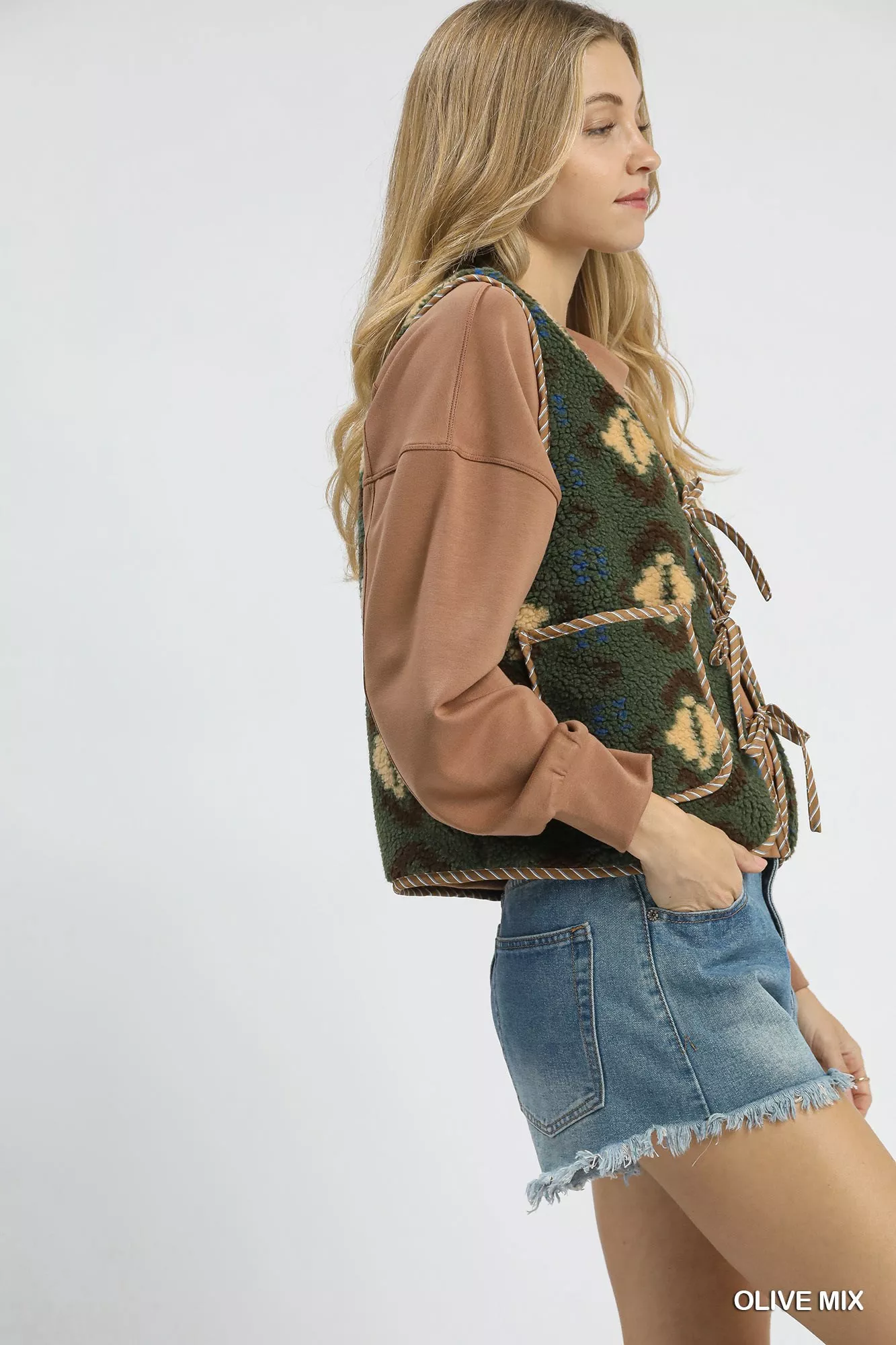 Umgee Mix Patterned Sherpa Tie-Front Vest - Image 3