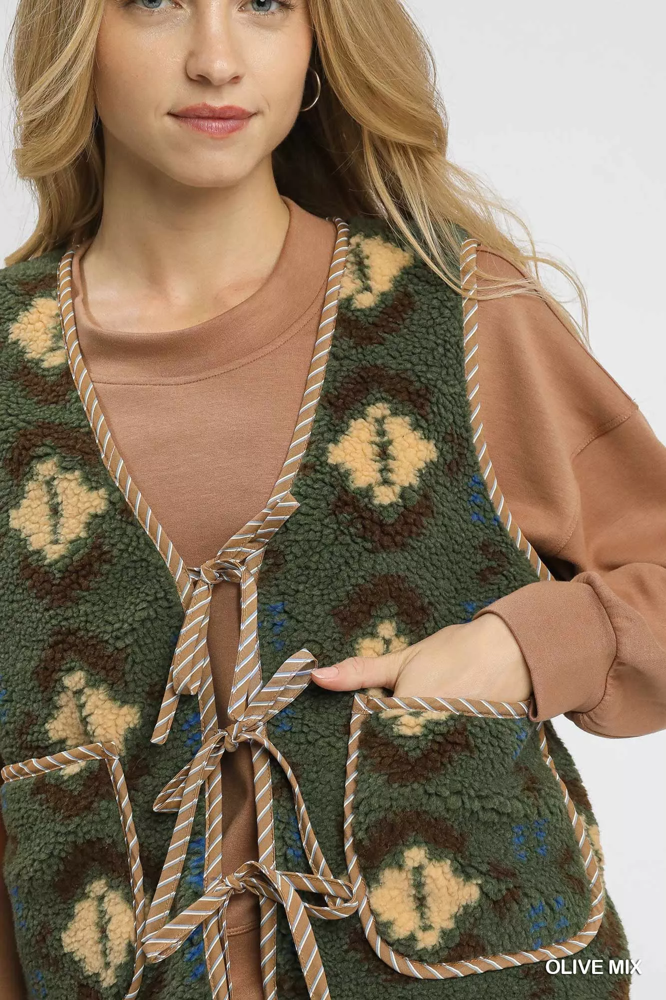 Umgee Mix Patterned Sherpa Tie-Front Vest - Image 6