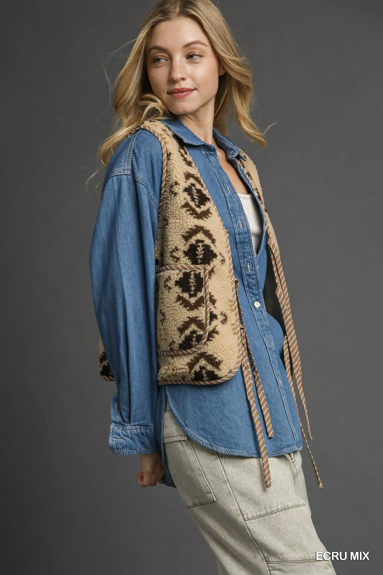 Umgee Mix Patterned Sherpa Tie-Front Vest - Image 4