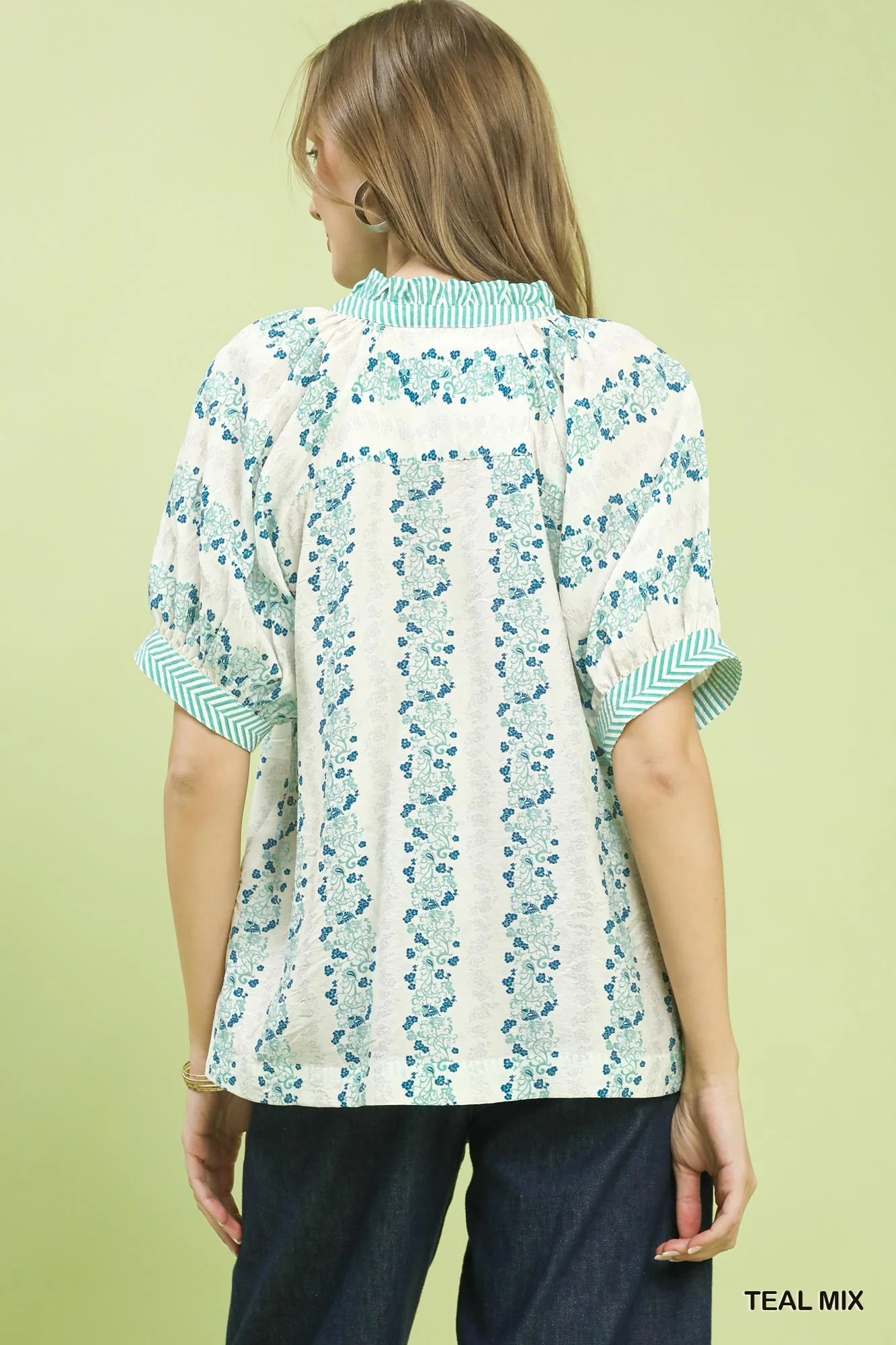 Umgee Mix Print Boho Blouse with Contrast Trim - Image 3