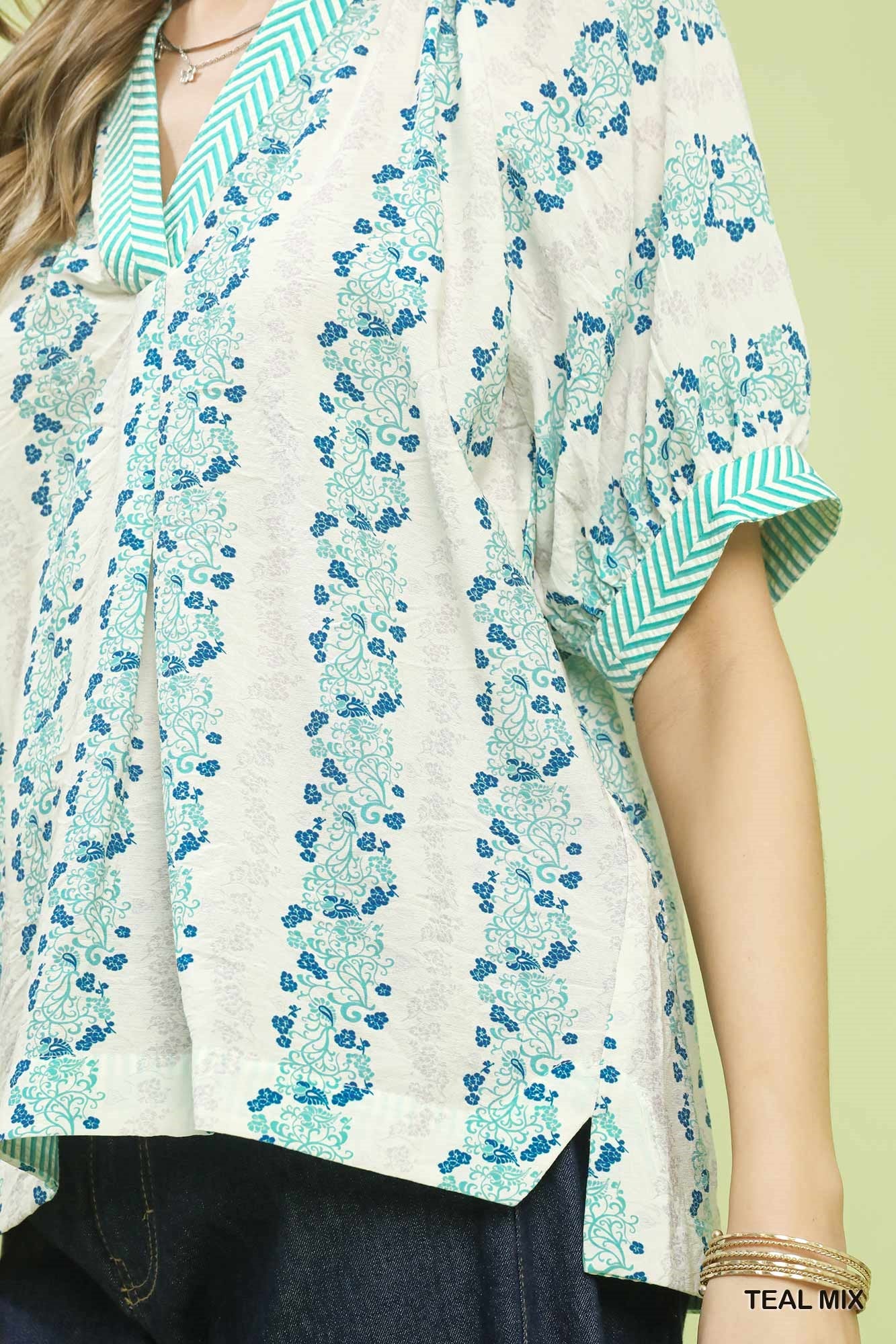 Umgee Mix Print Boho Blouse with Contrast Trim - Image 5