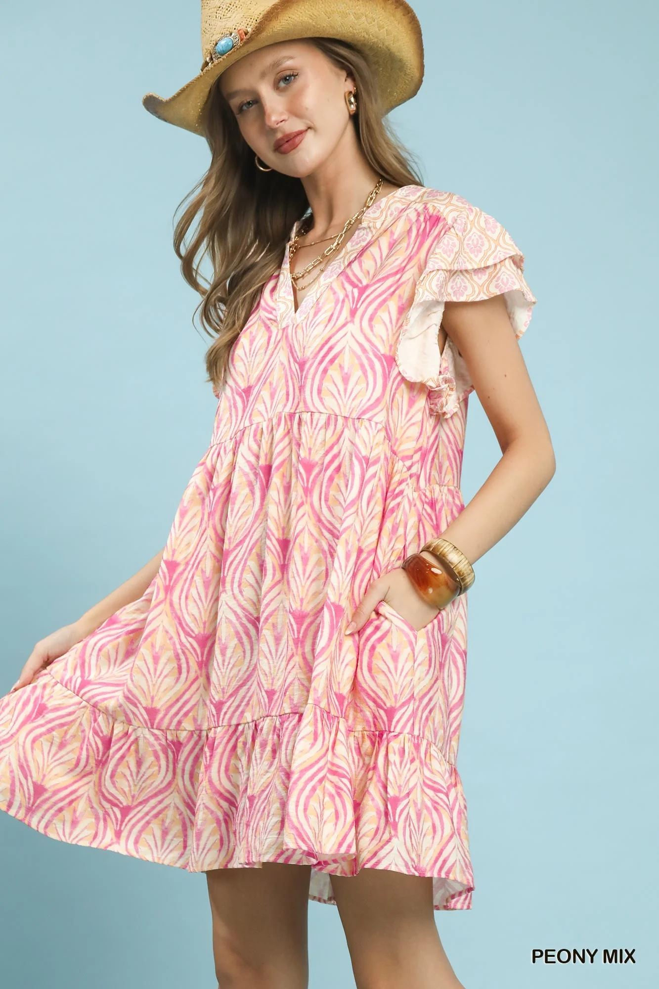 Umgee Mix Printed Flutter Sleeve Dress - Image 2
