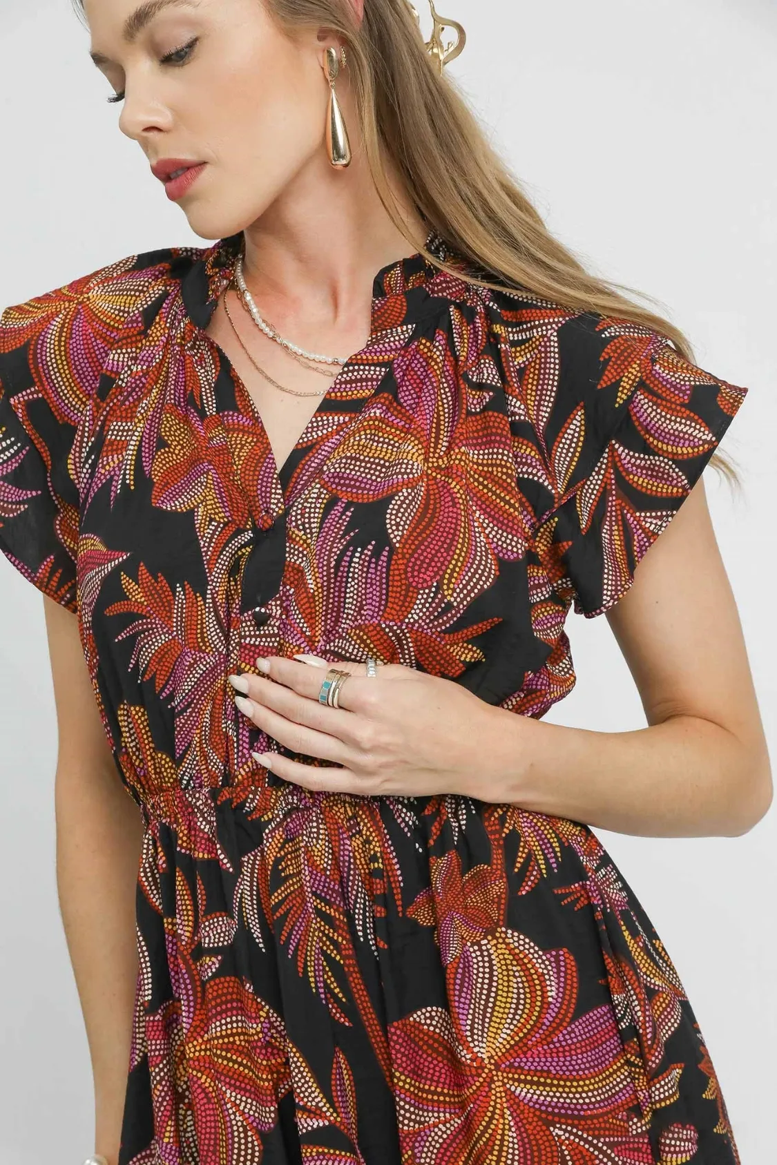 Umgee Mix Ruffle Sleeve Tropical Midi Dress - Image 5