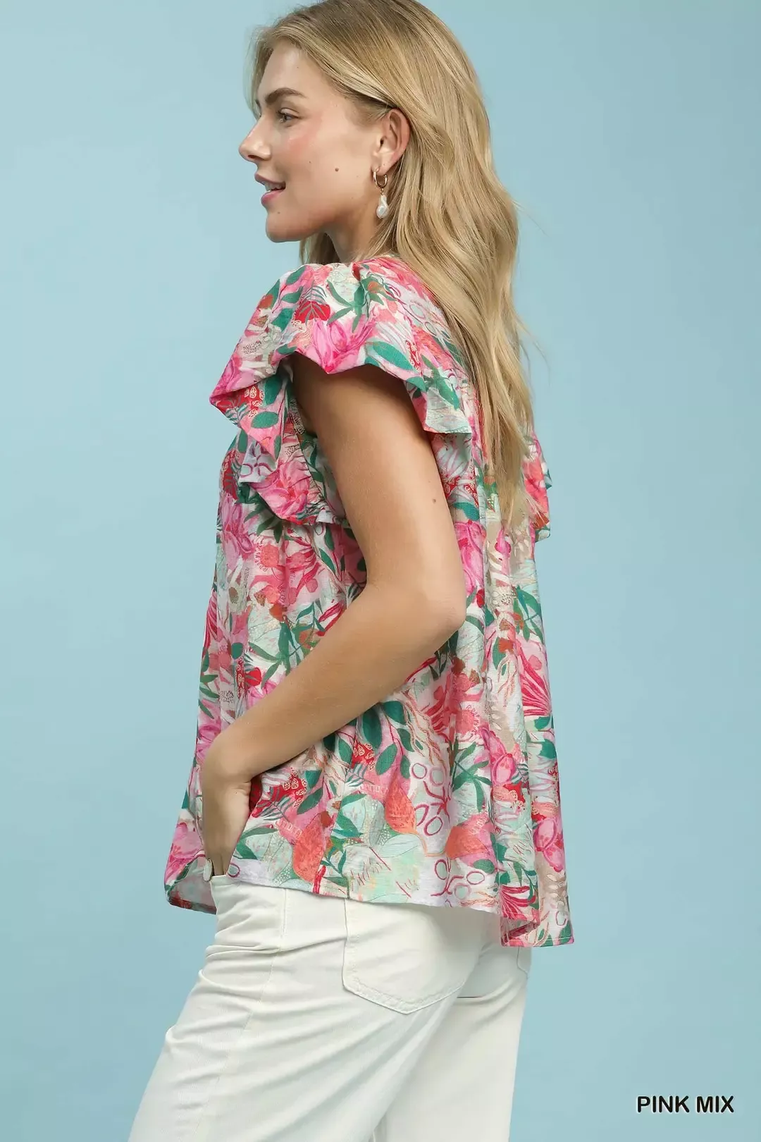 Umgee Mix Tropical Print Blouse with Ruffle Cap Sleeves - Image 2