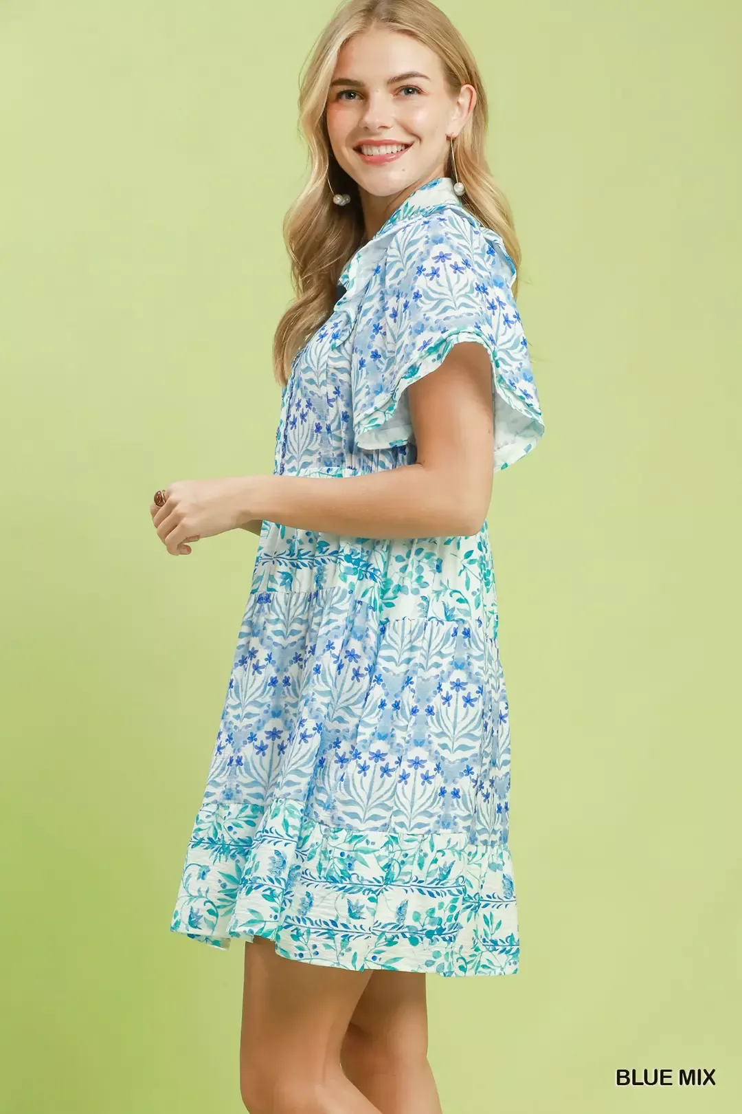 Umgee Mixed Floral Tiered Mini Dress with Flutter Sleeves - Image 2