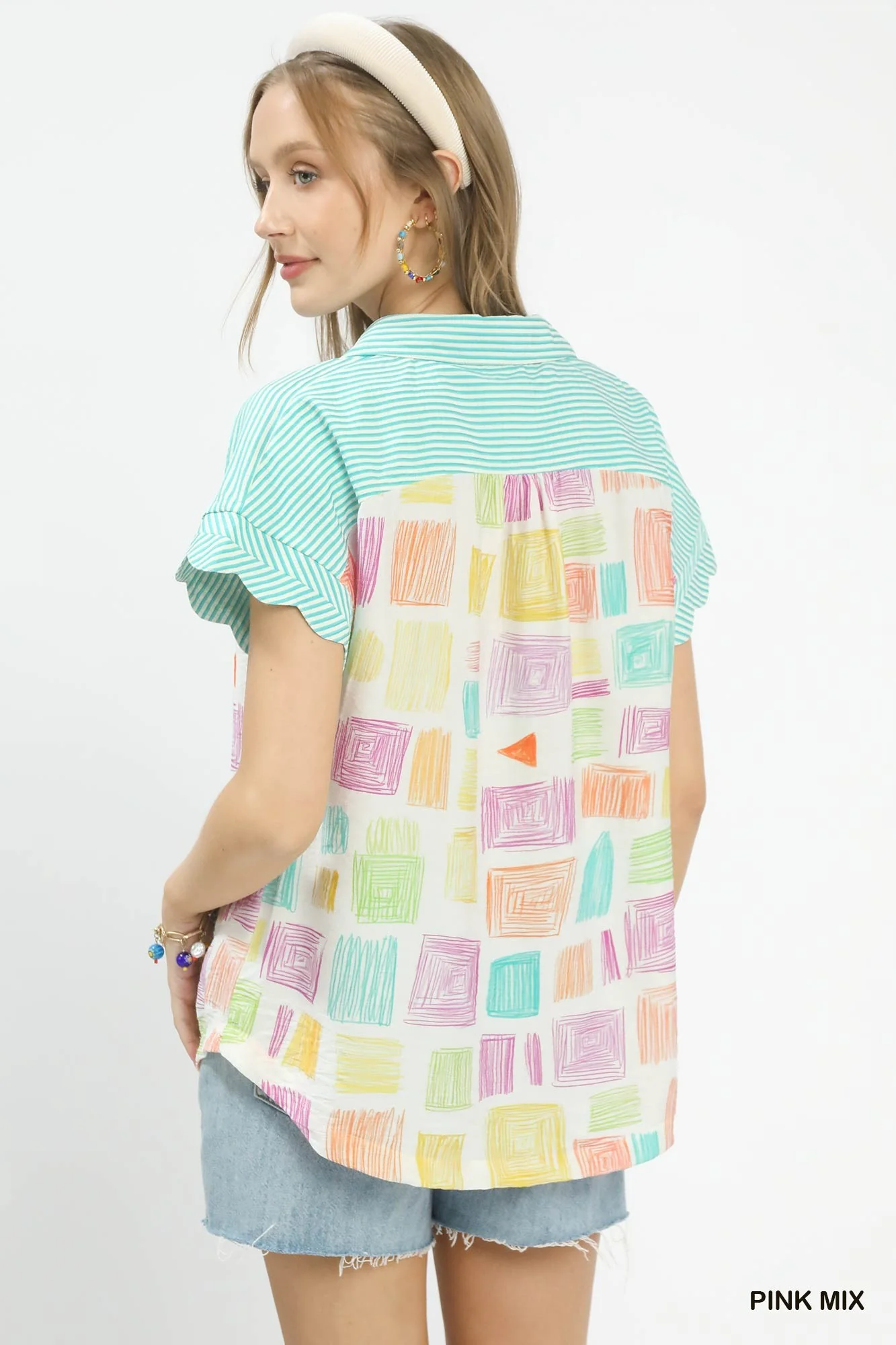 Umgee Mixed Media Print Button Front Collared Top - Image 3