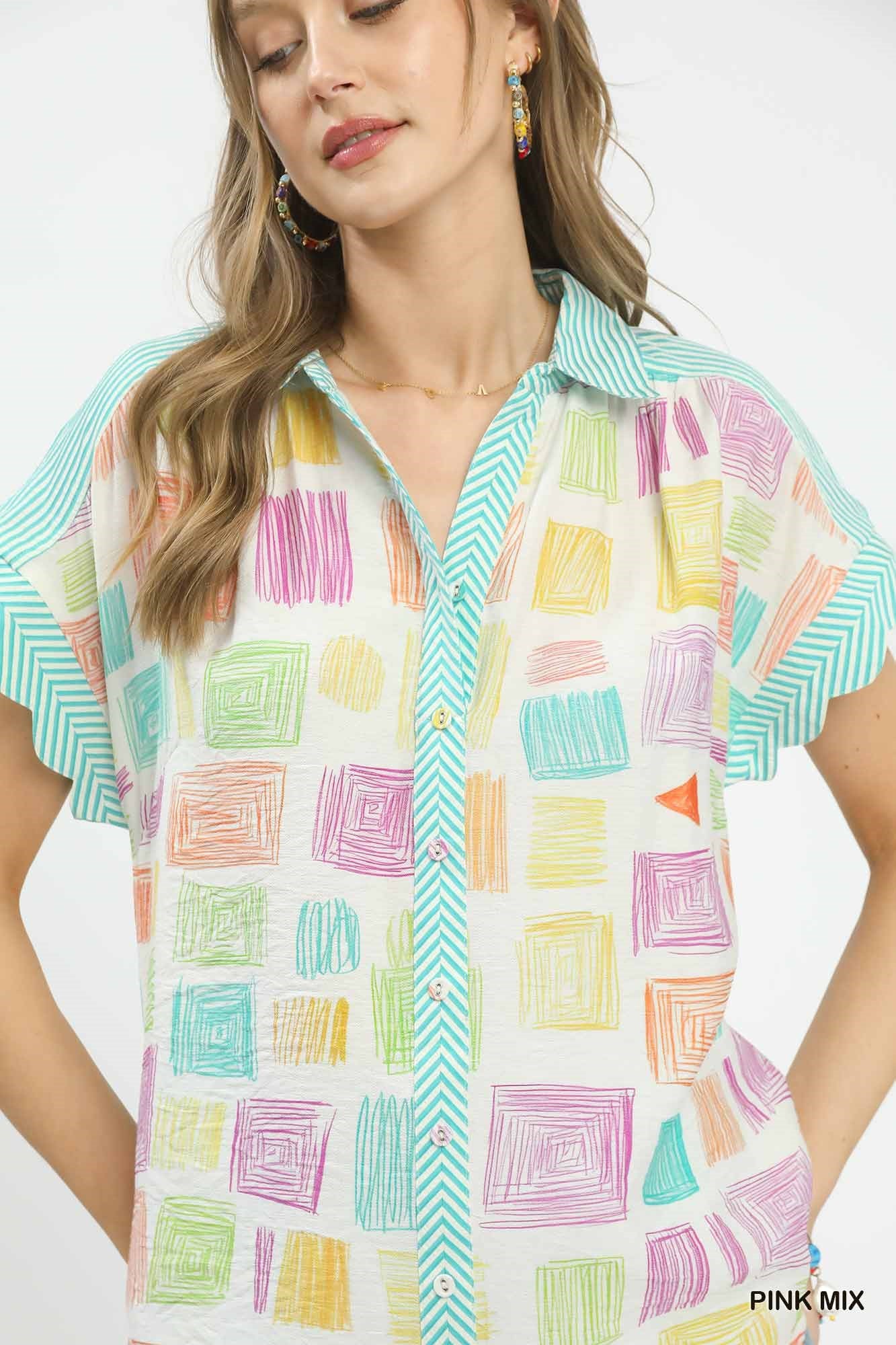 Umgee Mixed Media Print Button Front Collared Top - Image 5