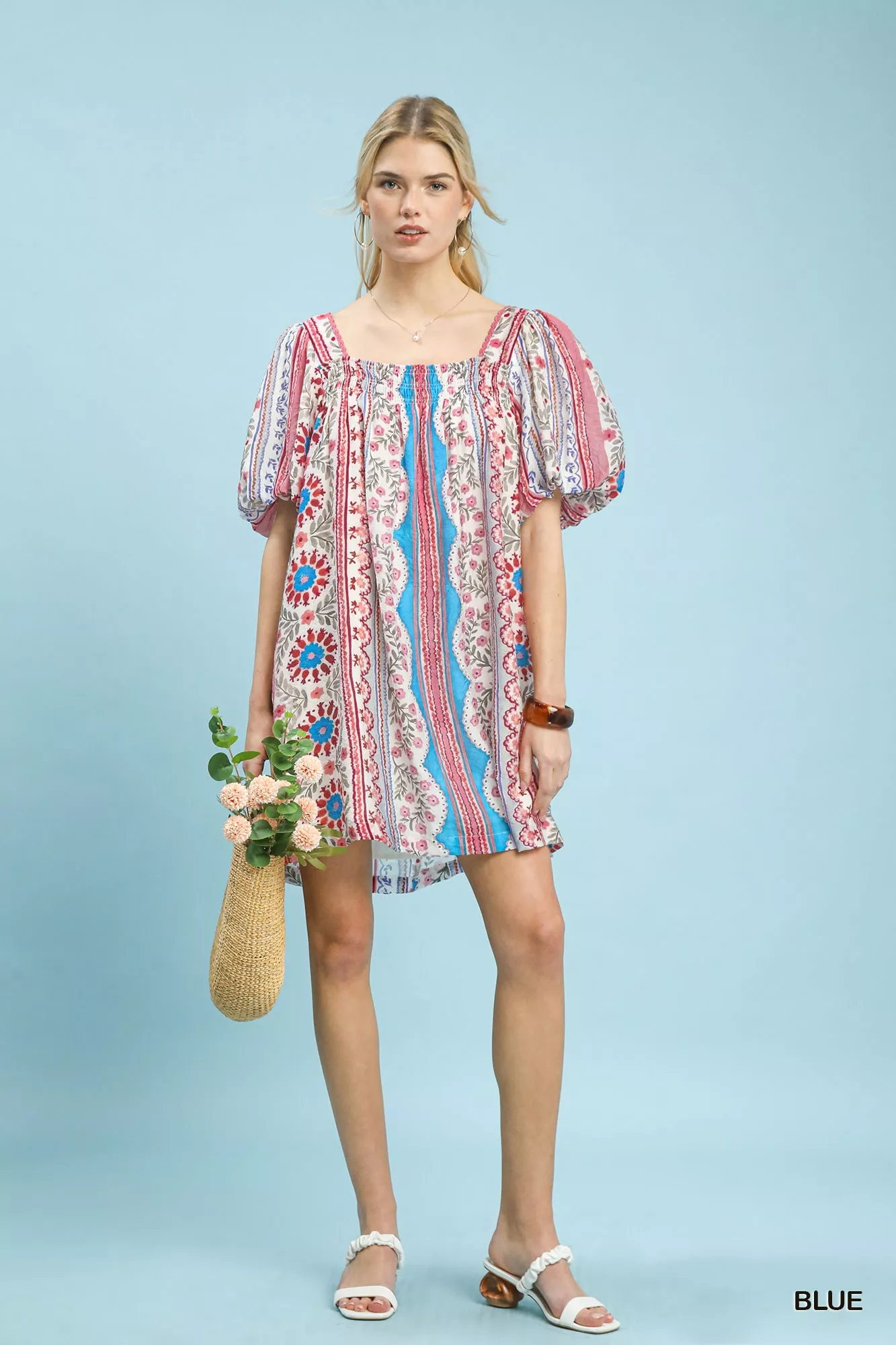 Umgee Mixed Print Puff Sleeve Mini Dress - Image 5