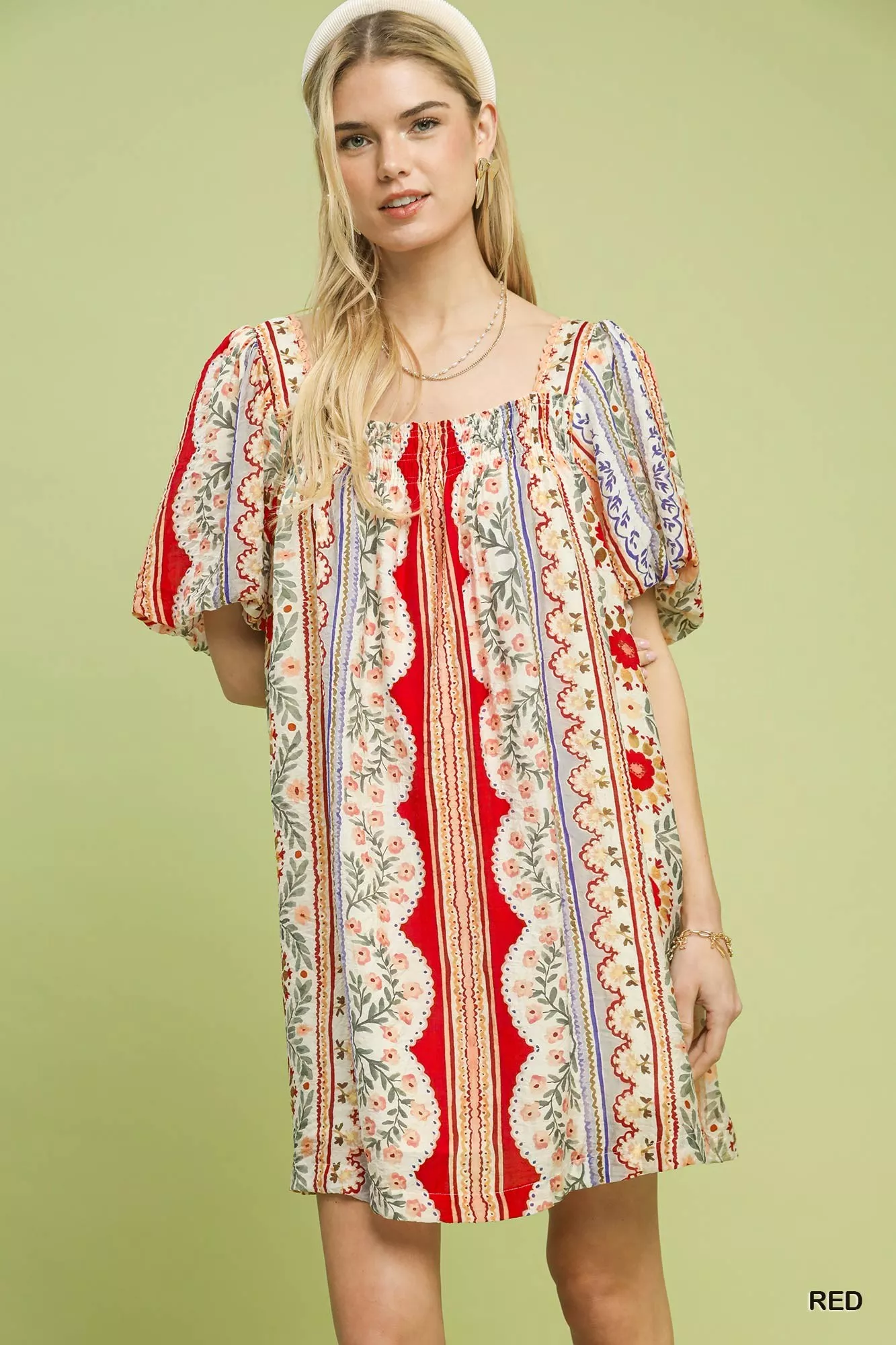 Umgee Mixed Print Puff Sleeve Mini Dress
