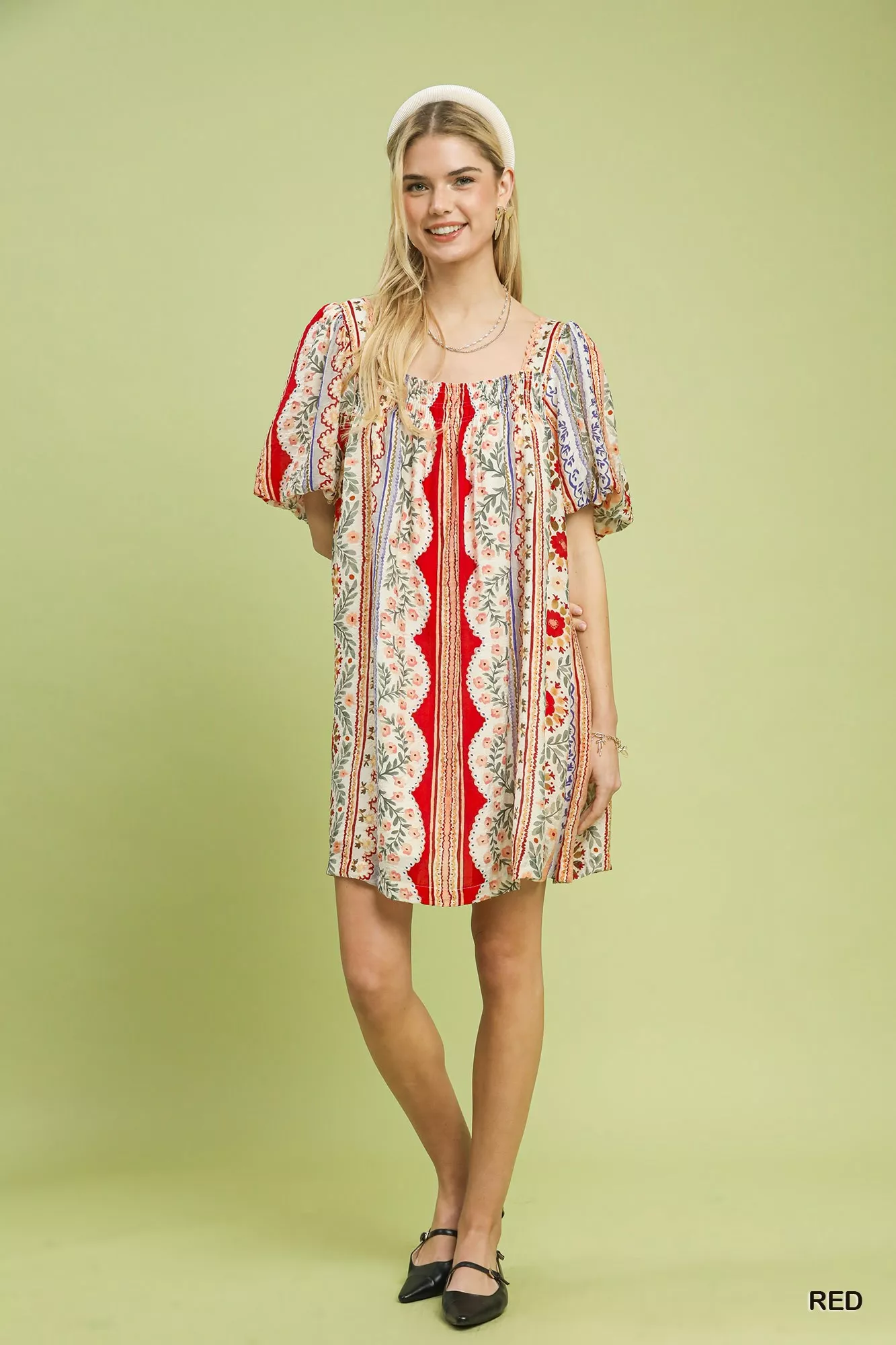 Umgee Mixed Print Puff Sleeve Mini Dress - Image 5