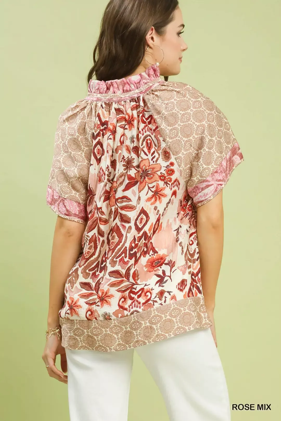 Umgee Mixed Print V-Neck Short Sleeve Top - Image 3