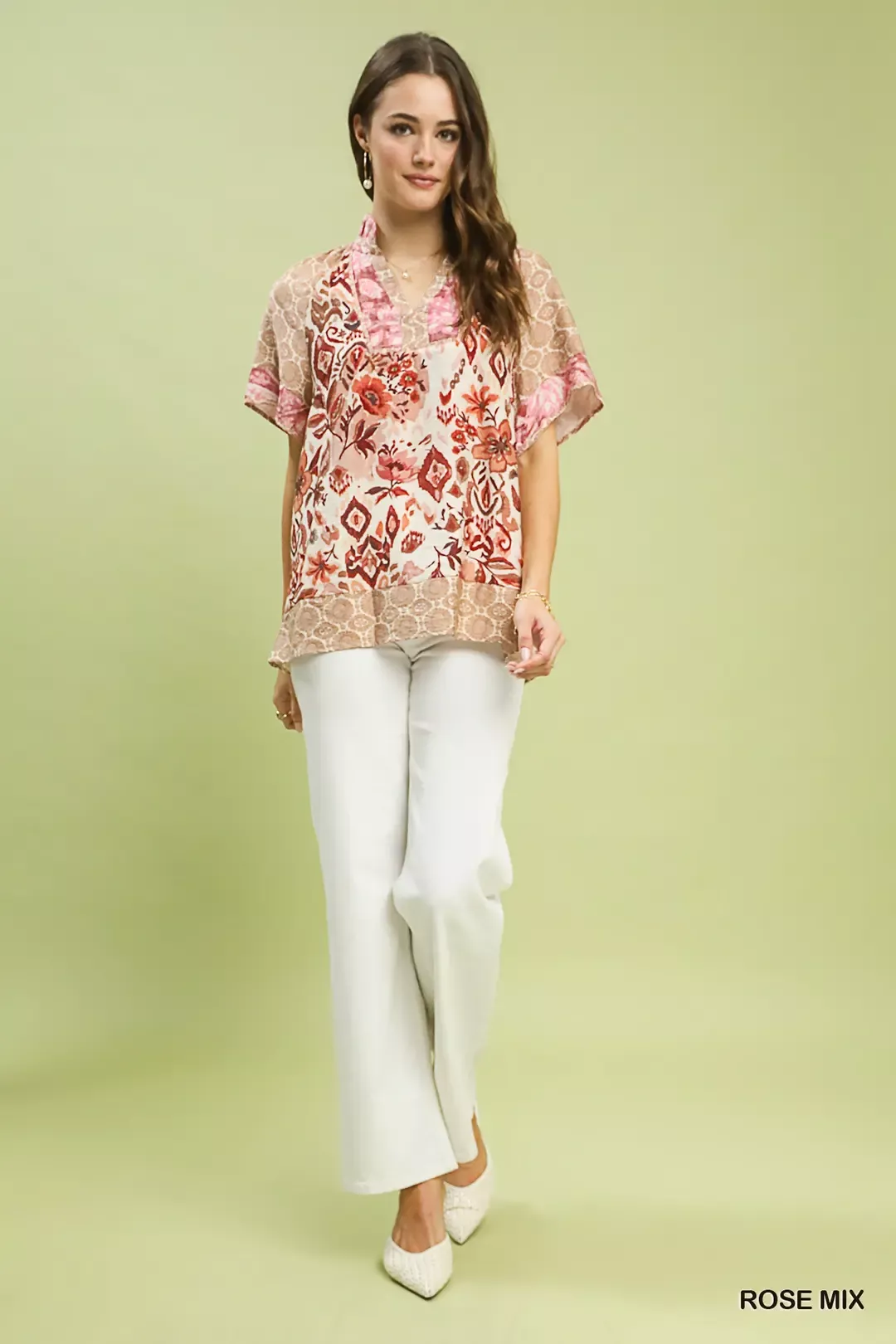 Umgee Mixed Print V-Neck Short Sleeve Top - Image 5