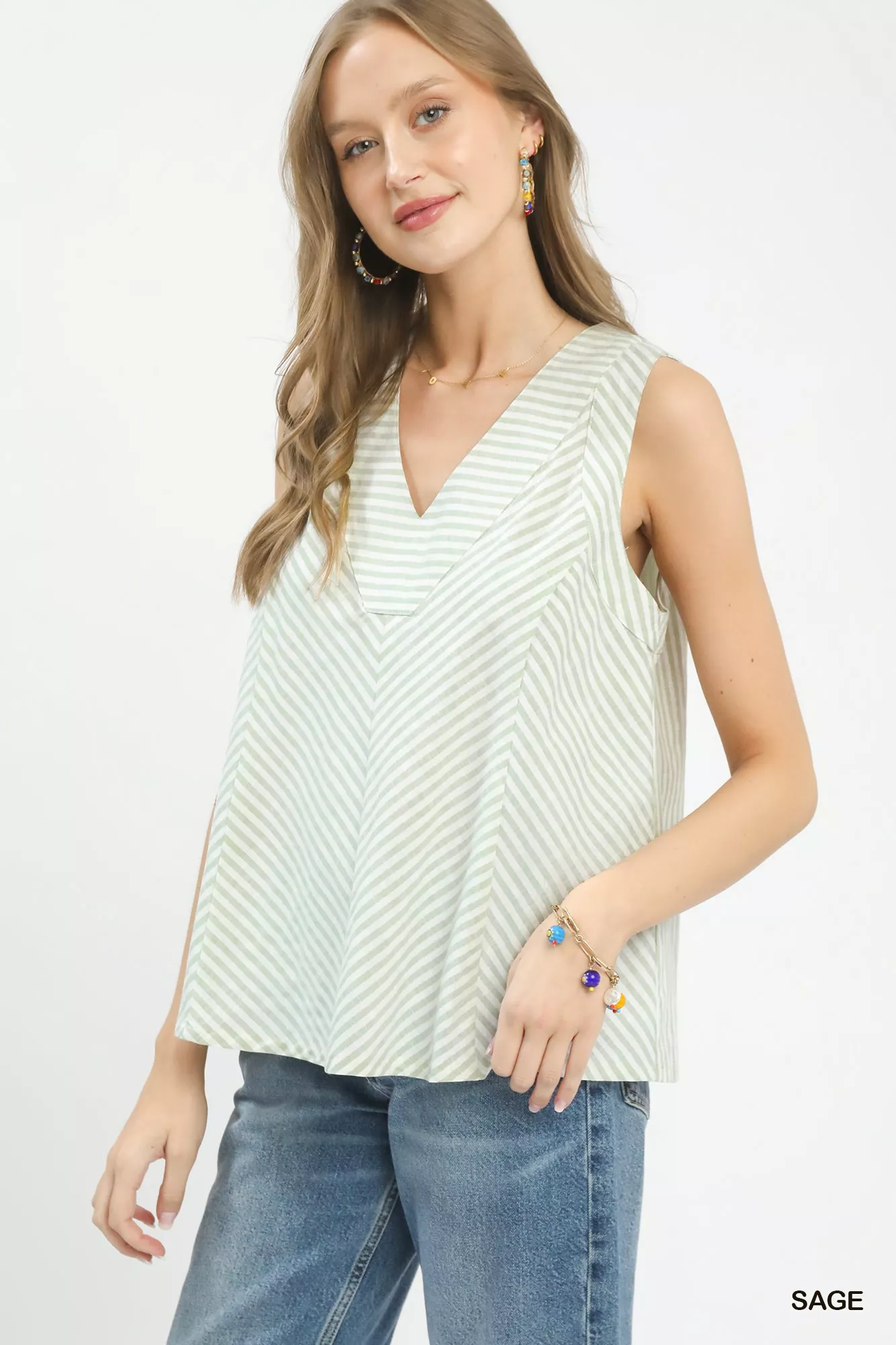 Umgee Mixed Stripe Sleeveless V-Neck Top - Image 2