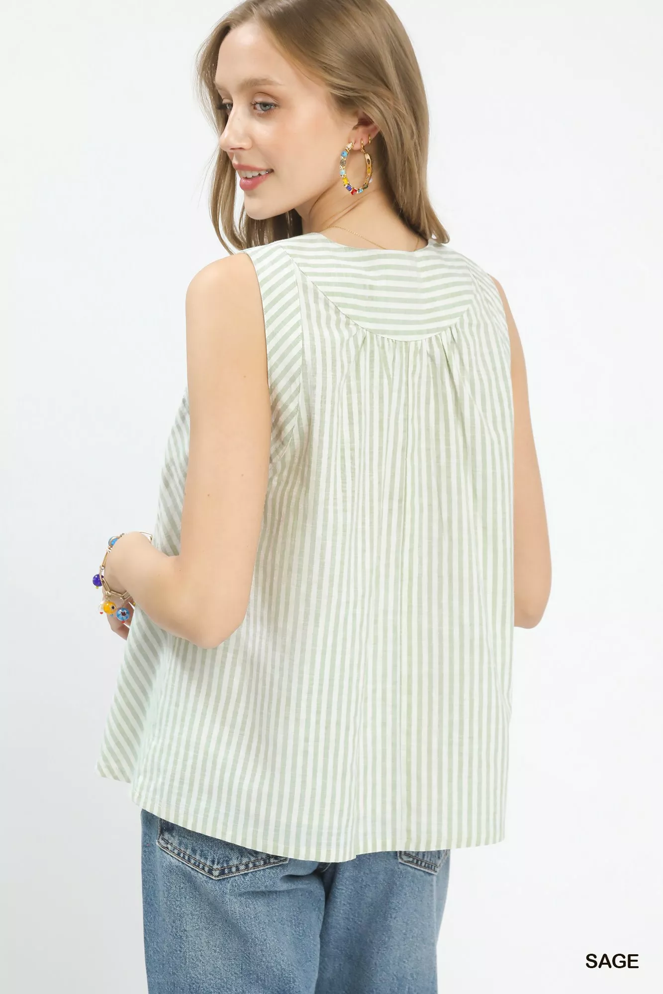 Umgee Mixed Stripe Sleeveless V-Neck Top - Image 3